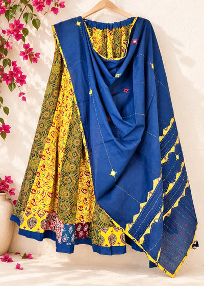 🌻Navrang ~ Ajrakh Skirt and Dupatta Set ~ Yellow & Blue w/ multicolor border