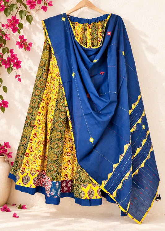 🌻Navrang ~ Ajrakh Skirt and Dupatta Set ~ Yellow & Blue w/ multicolor border