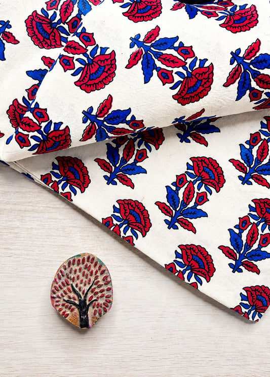 Ivory base w/ Ruby Red Flowers Ajrakh Fabric