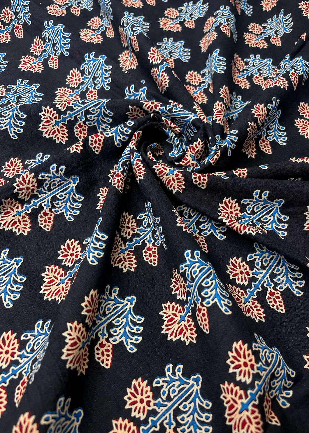 Black Base w/ Blue & Red Flowers Ajrakh Fabric