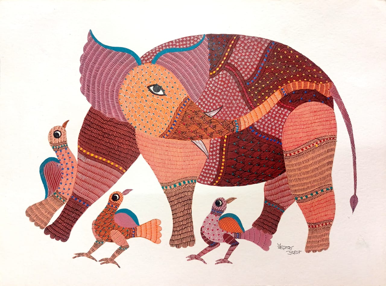 Playful Elephant - Gond Handpainted T-shirt