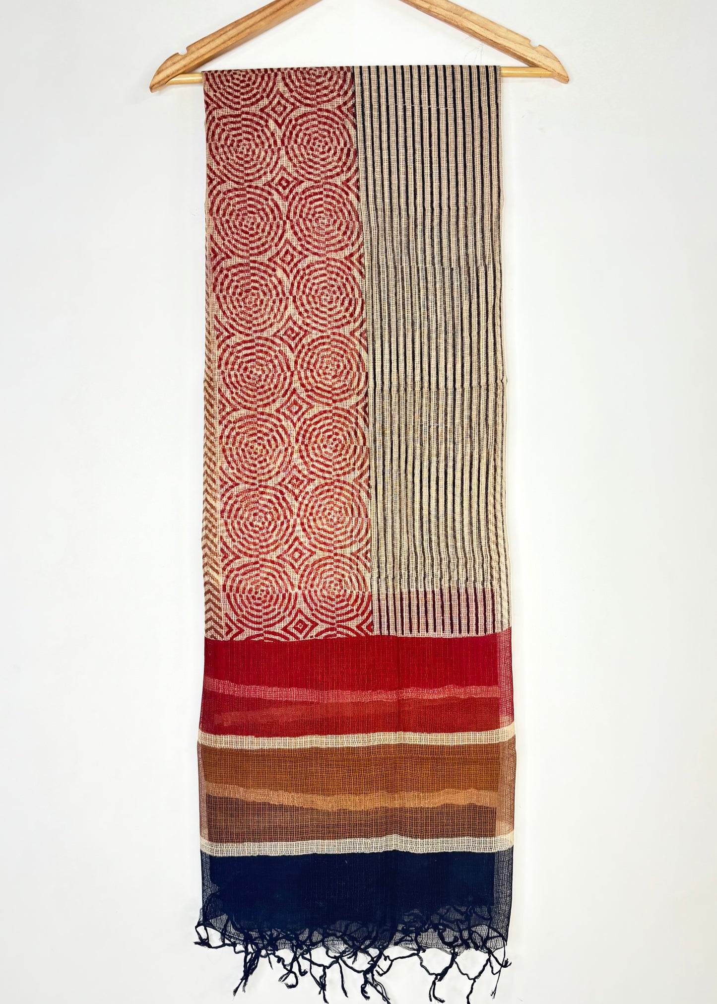 Kota Doria Bagru Handblock Dupatta ~ Beige w/ Red circles