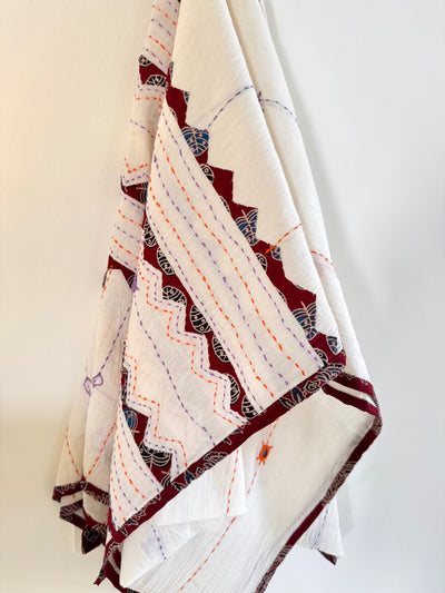 Ajrakh Applique & Kantha Embroidered Dupatta ~ White with Maroon Patchwork