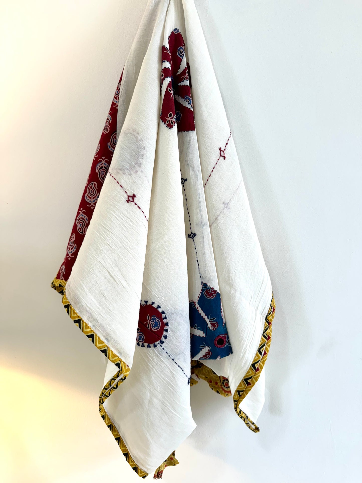 Ajrakh Applique & Kantha Embroidered Dupatta ~ White, Blue & Yellow