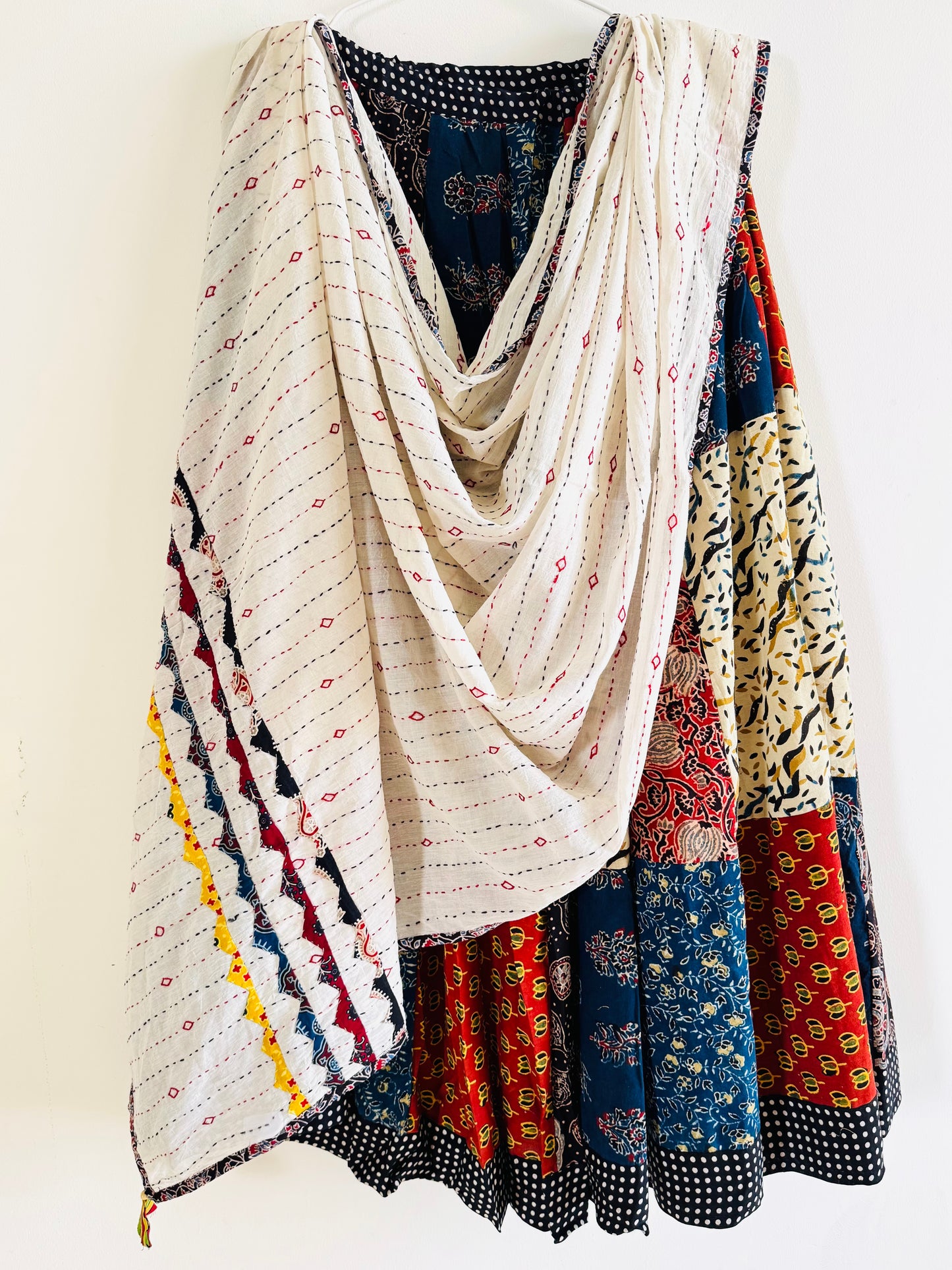 ✨Garba nu Ghoomie ~ Ajrakh Lehenga and Dupatta Set ~ White w/ Multicolor