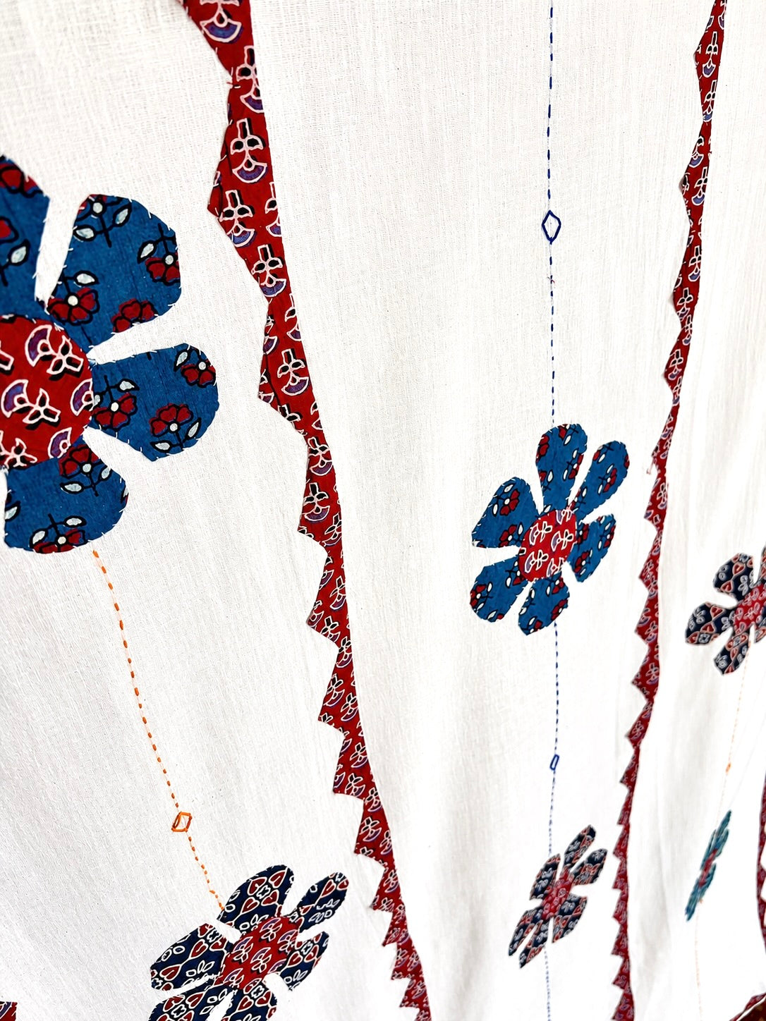 Ajrakh Applique & Kantha Embroidered ~ Red & Blue Phool Dupatta