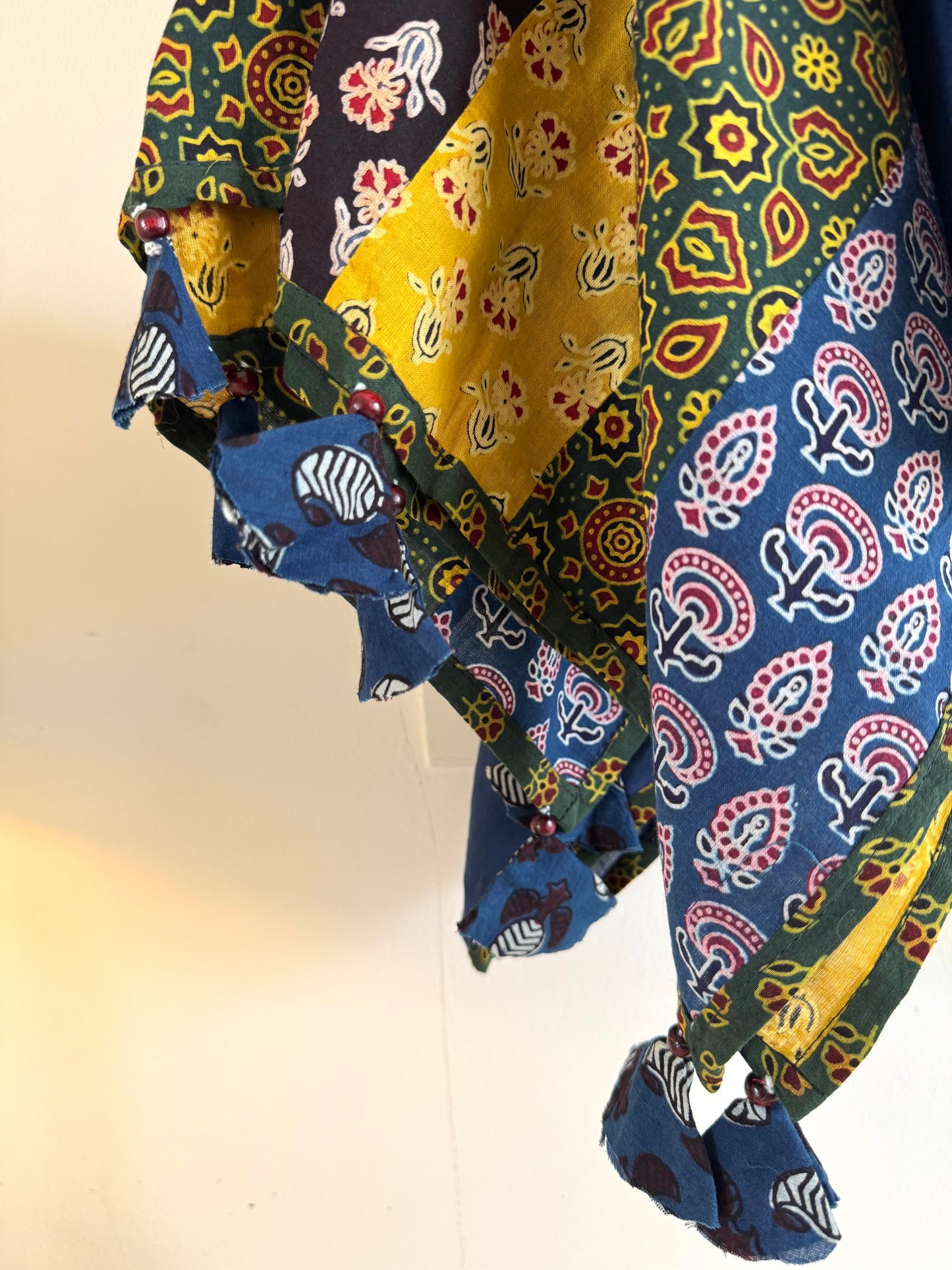 Ajrakh Applique & Kantha Embroidered Dupatta ~ Navy Blue w/ Green Flowers