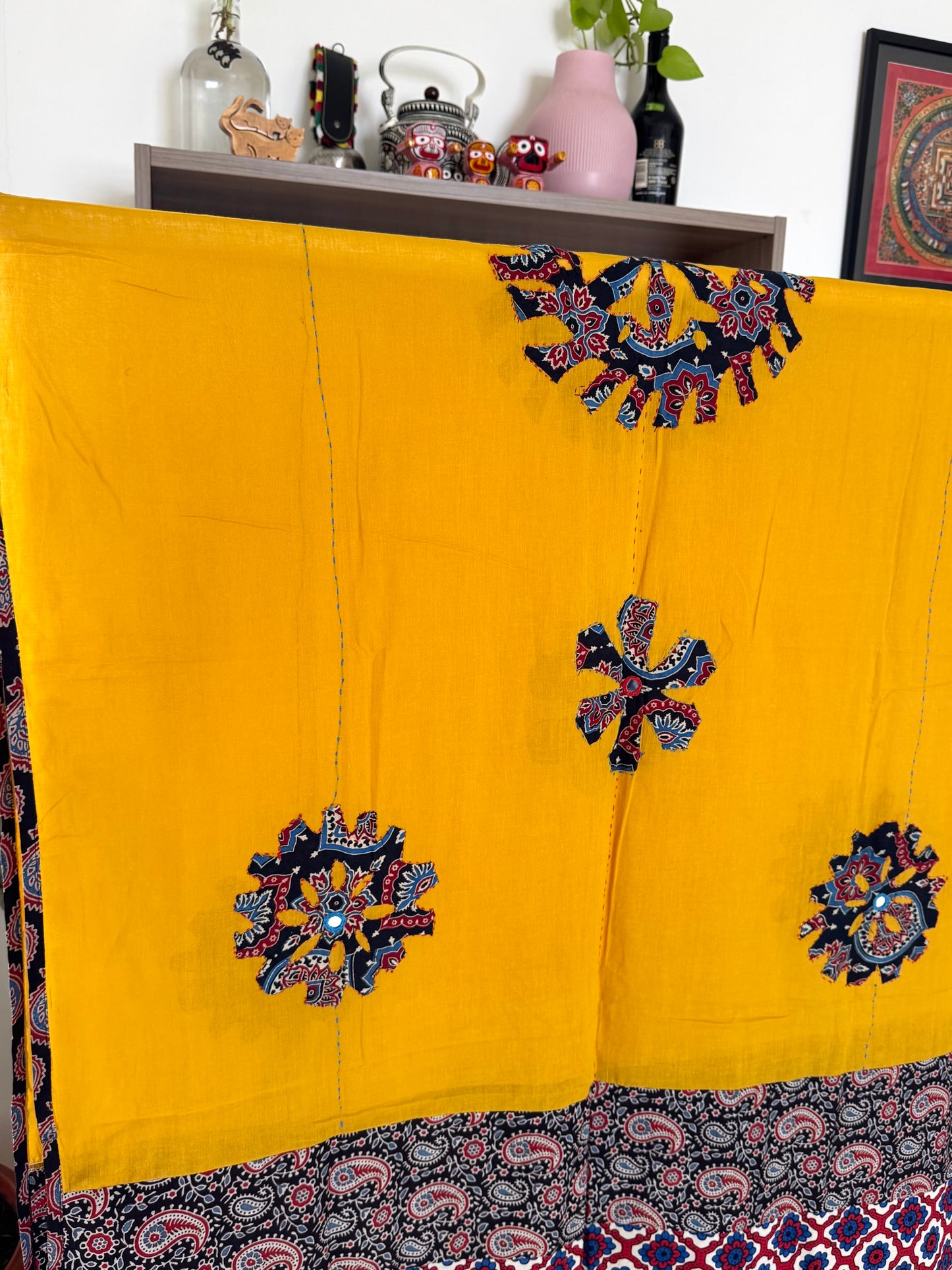 𓂃ོ⋆☀︎𓂃ᨒོ Ajrakh, Applique & Kantha Embroidered Dupatta ~ Yellow w/ Black flowers 𑁍ࠬ