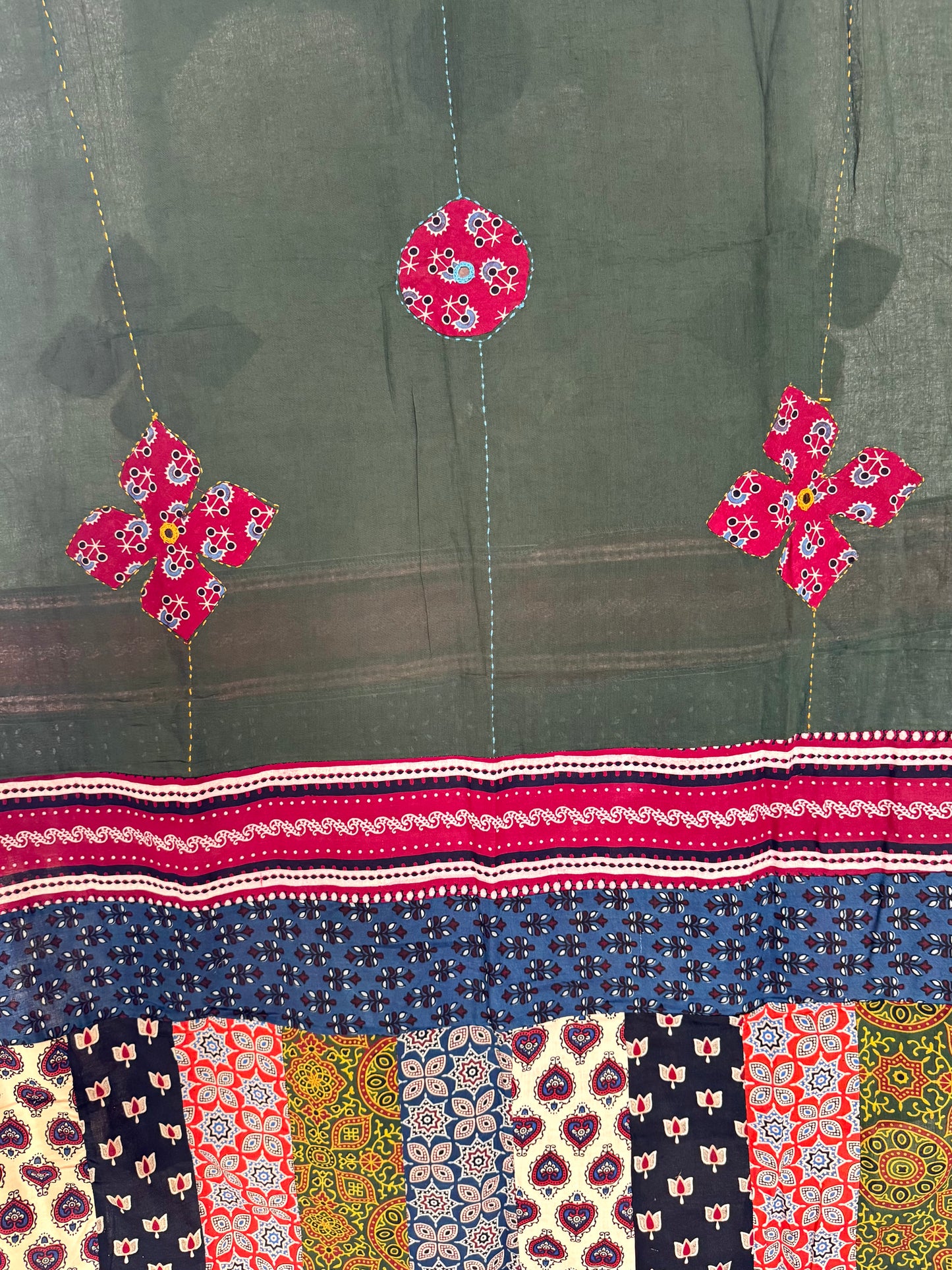 𓂃ོ⋆☀︎𓂃ᨒོ Ajrakh, Applique & Kantha Embroidered Dupatta ~ Olive Green w/ Ruby Flowers𑁍ࠬ
