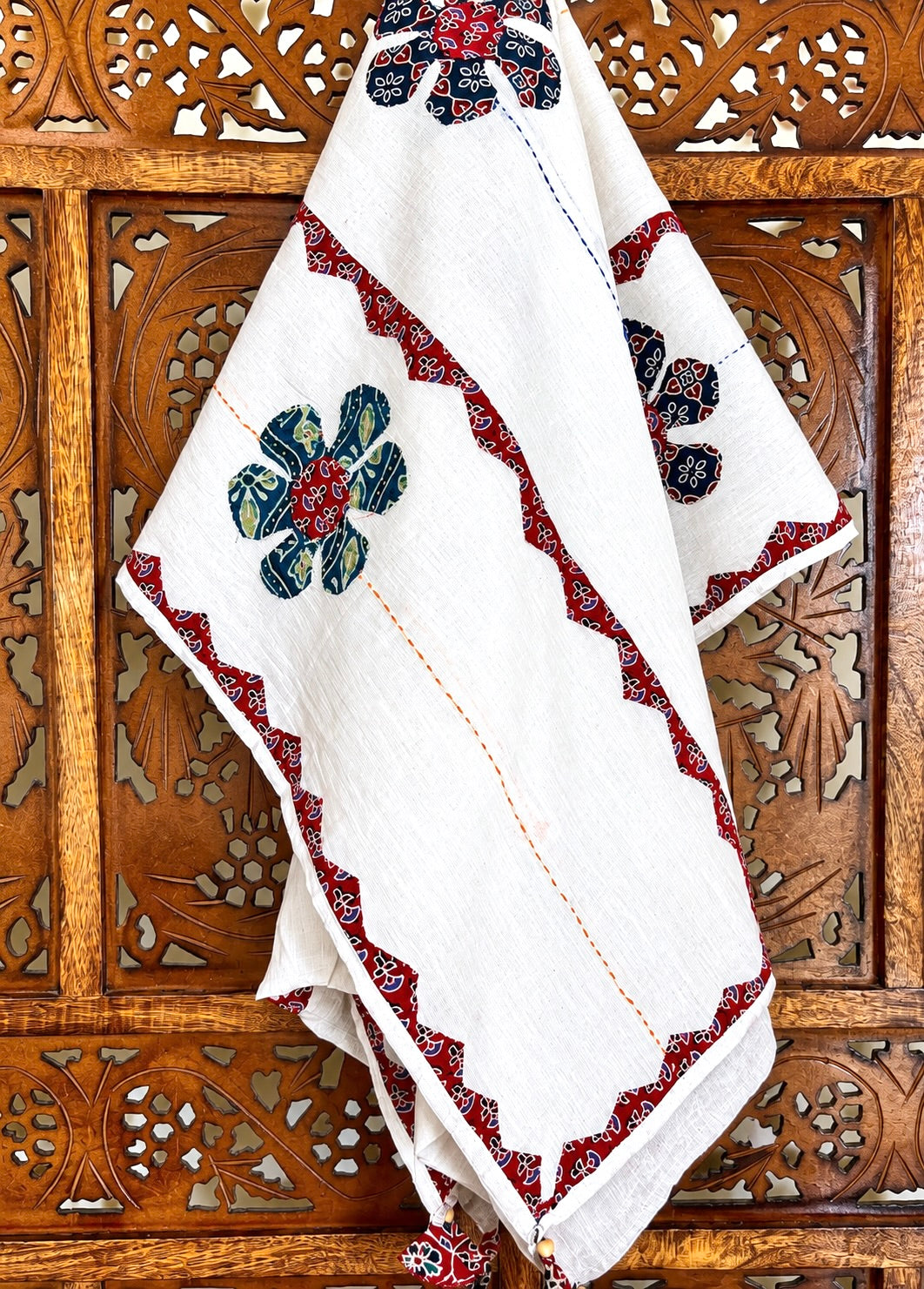 Ajrakh Applique & Kantha Embroidered ~ Red & Blue Phool Dupatta