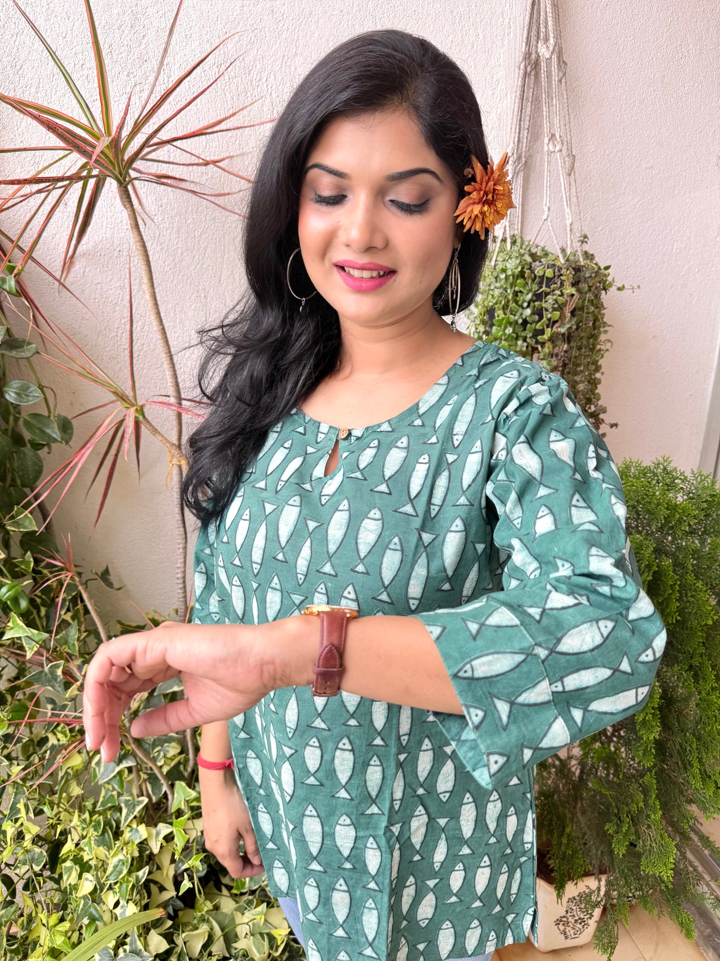 Fish ~ Turquoise Handblock Kurti