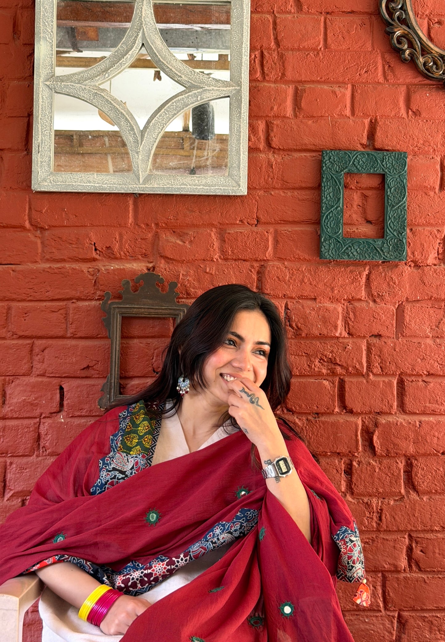 Ajrakh Applique & Kantha Embroidered Dupatta ~ Deep Red