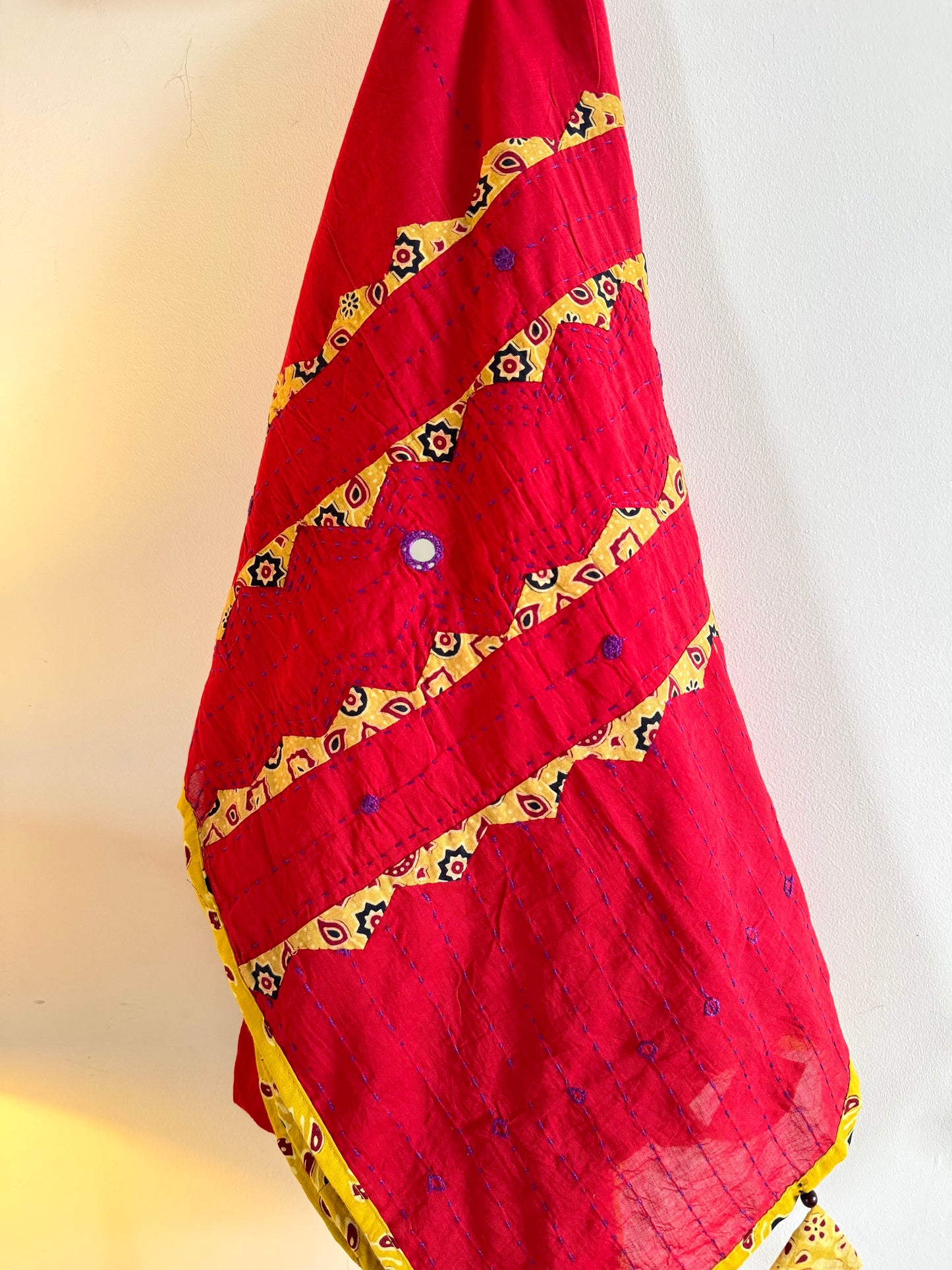 Ajrakh Applique & Kantha Embroidered Dupatta ~ Cherry Red w/ Yellow Work