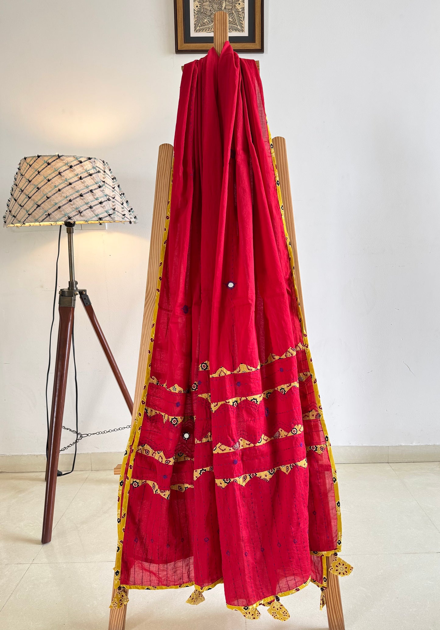 Ajrakh Applique & Kantha Embroidered Dupatta ~ Cherry Red w/ Yellow Work