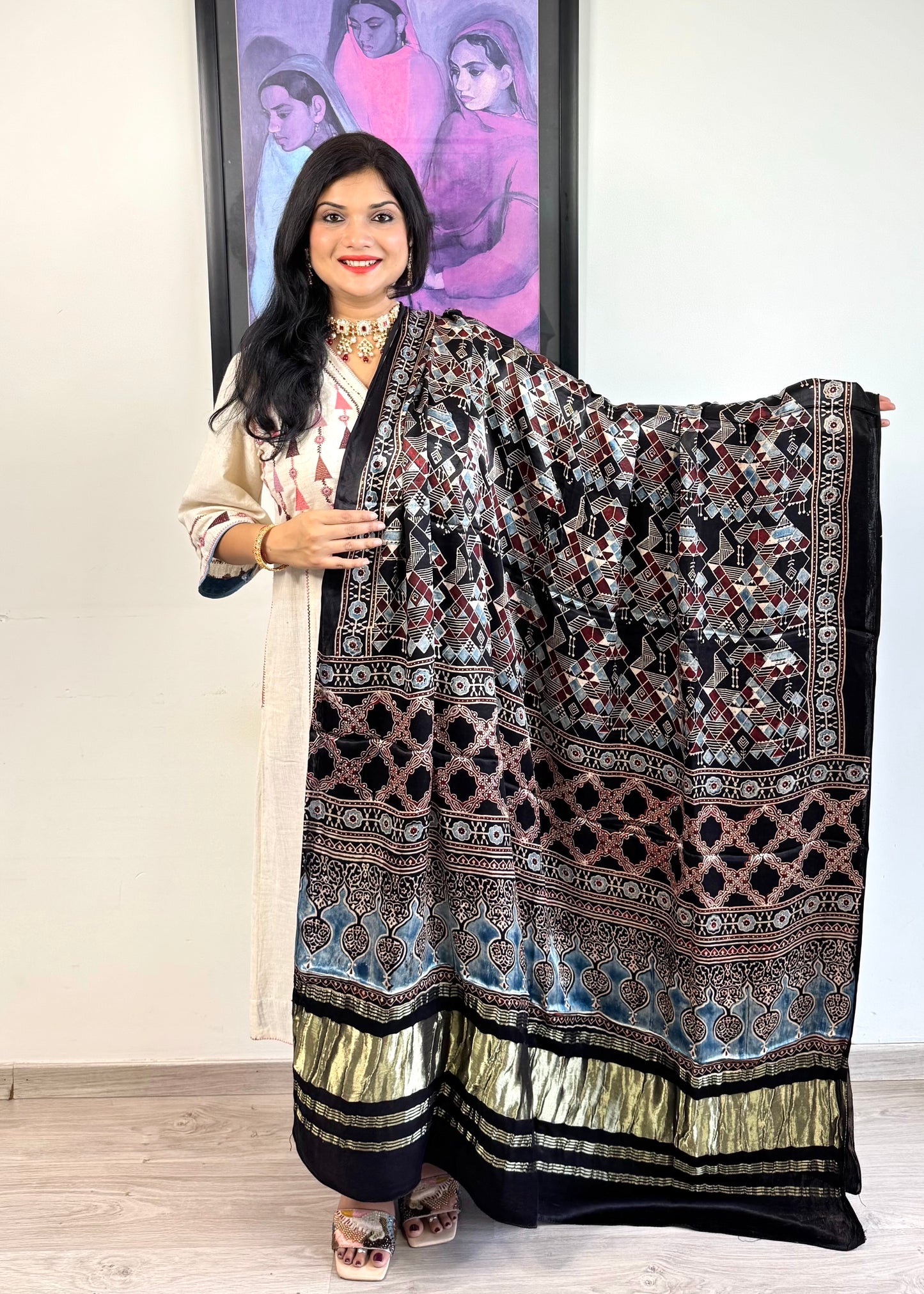Modal Silk Ajrakh Dupatta ~ Black Worli Art Motif w/ Zari