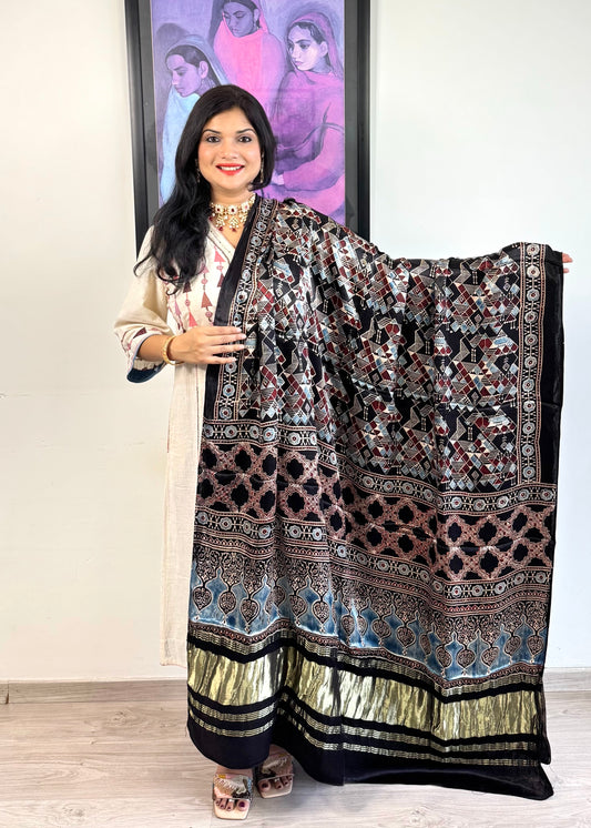 Modal Silk Ajrakh Dupatta ~ Black Worli Art Motif w/ Zari