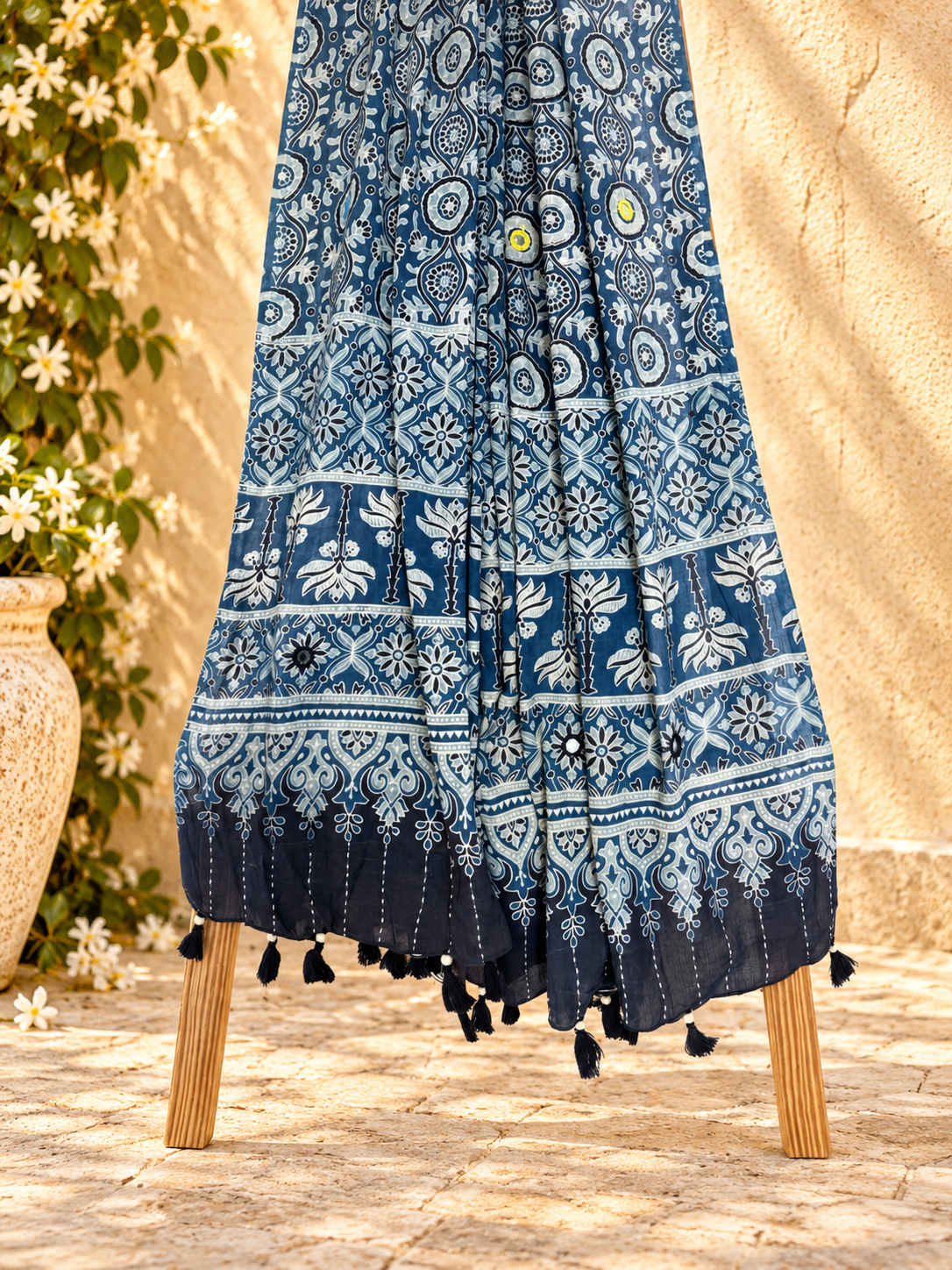 Rangrez🔅Ajrakh Mulmul Cotton Dupattas with Embroidery ~ Neel Kamal