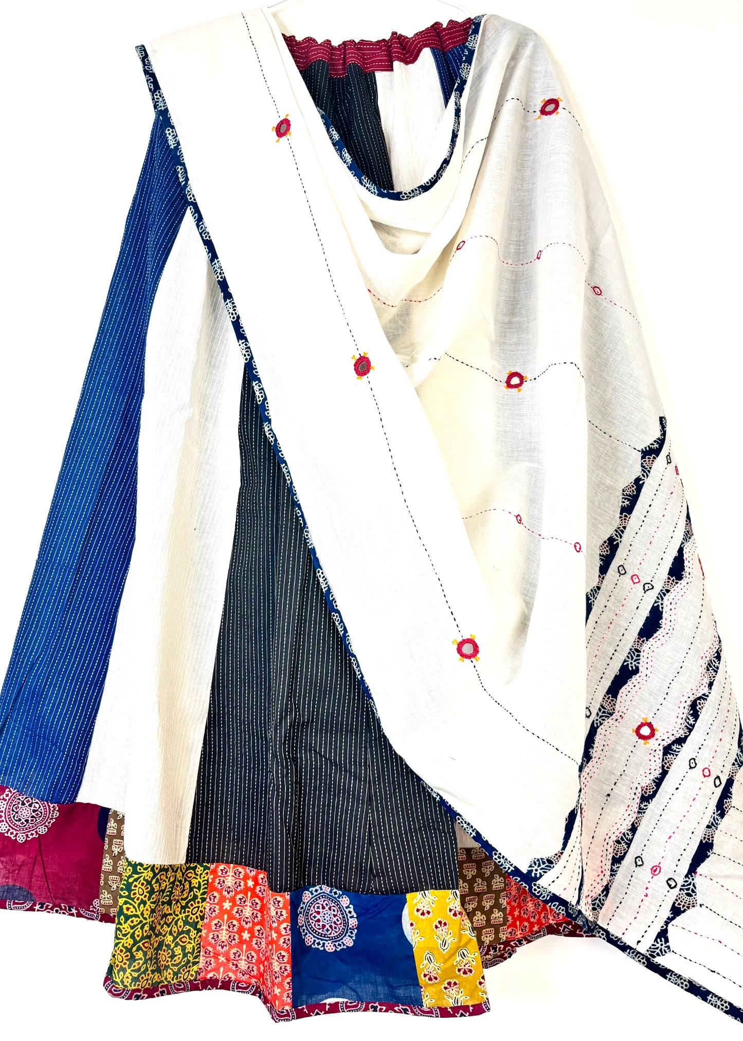 ✨Navrang ~ Ajrakh Skirt and Dupatta Set ~ White & Blue w/ multicolor border
