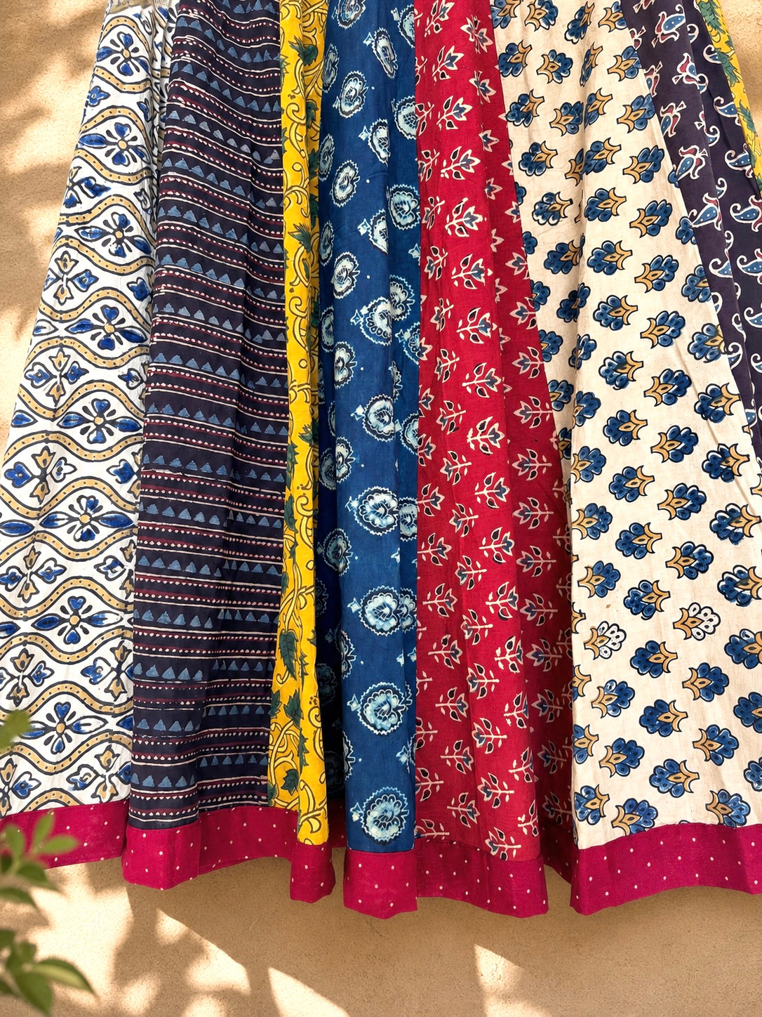 🌻Navrang ~ Ajrakh Long Skirt ~ Multicolor w/ red polka dots