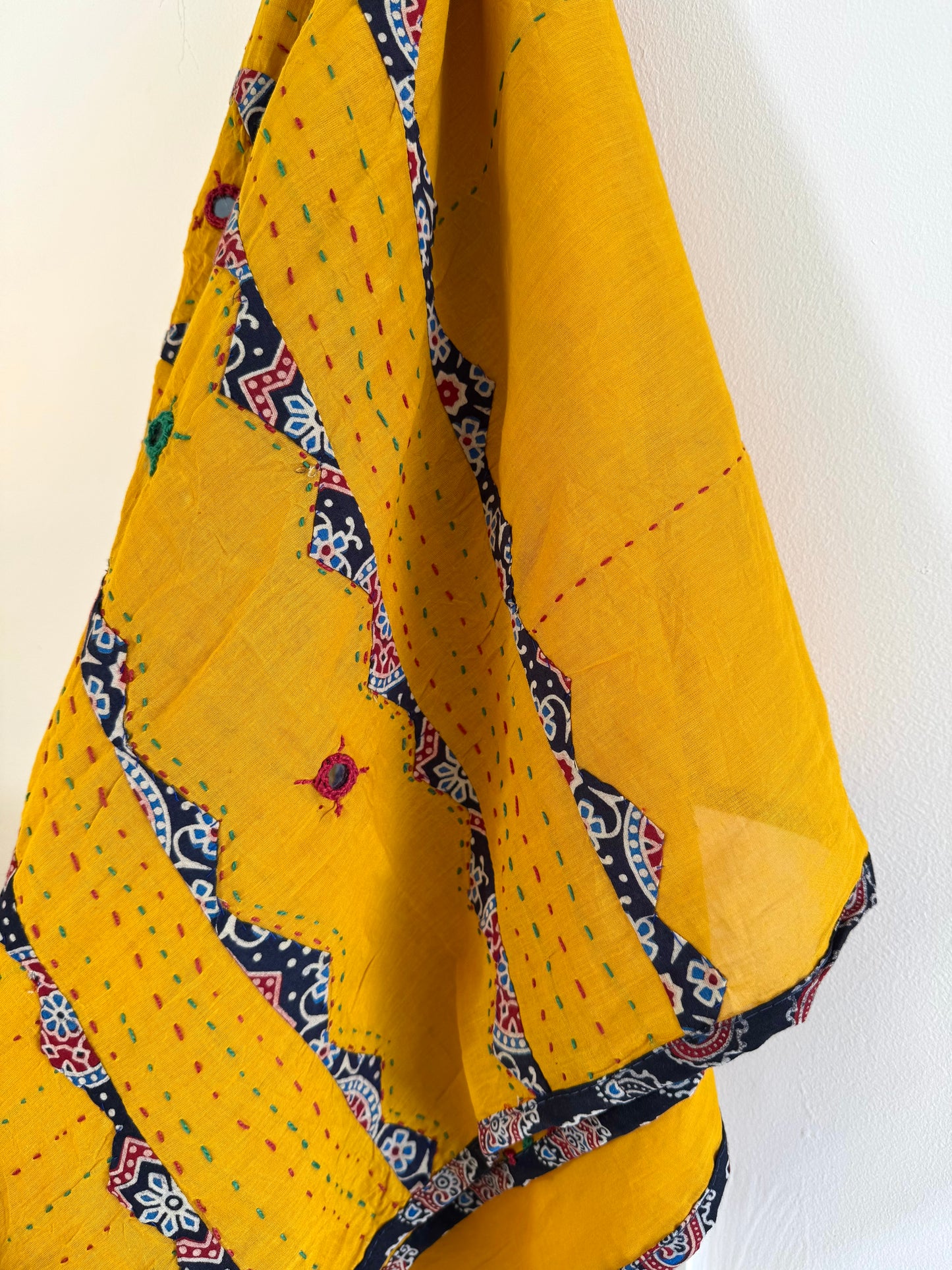 Ajrakh Applique & Kantha Embroidered Dupatta ~ Mustard Yellow with dotted lines