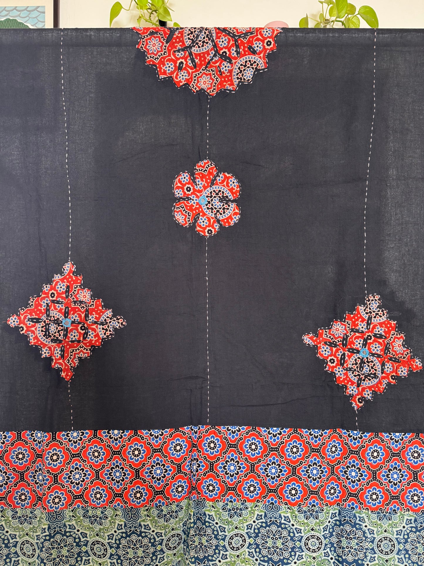 𓂃ོ⋆☀︎𓂃ᨒོ Ajrakh, Applique & Kantha Embroidered Dupatta ~ Black with Ruby Crystals𑁍ࠬ