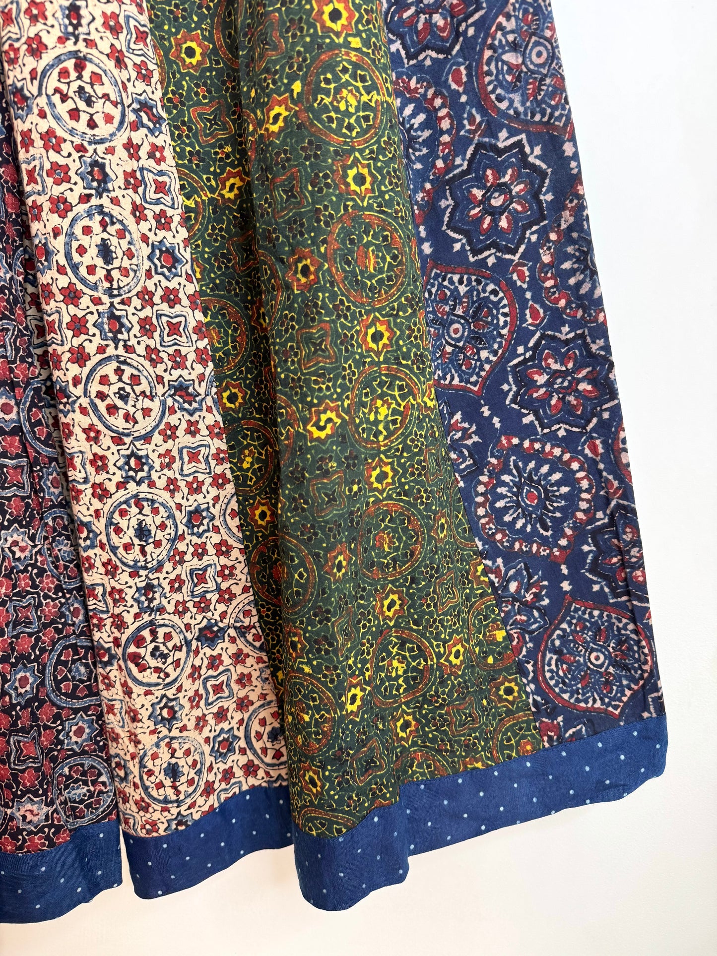 🌻Navrang ~ Ajrakh Handcrafted Lehengas ~ Multicolor Pleads w/ blue polka border