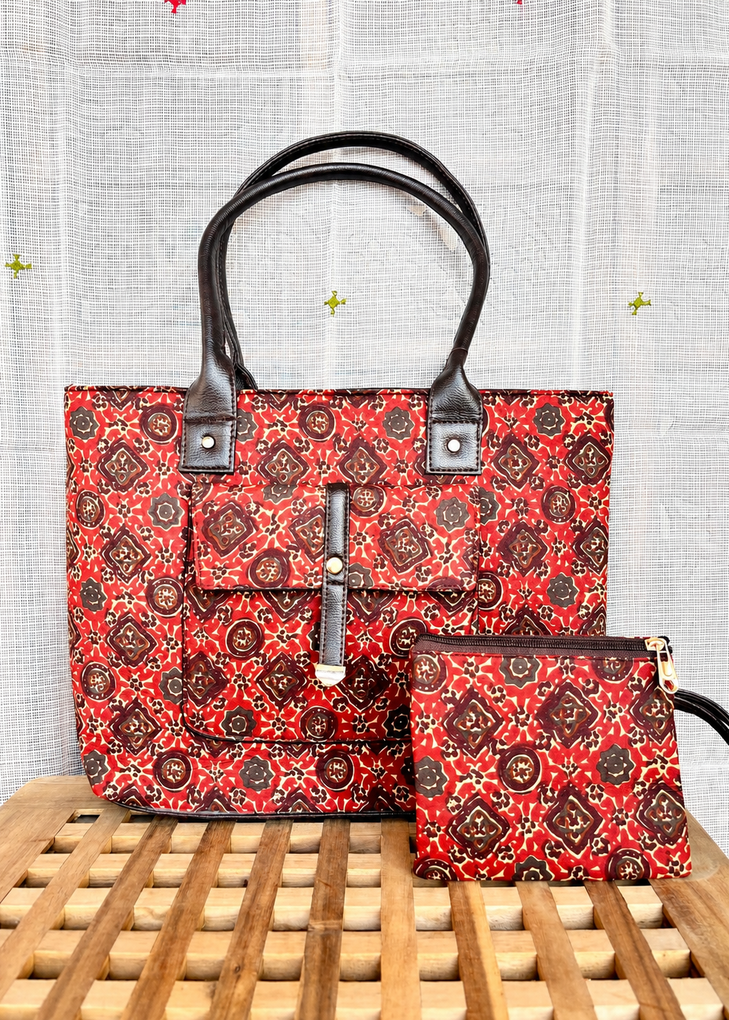 Karwaan🍂 Red mosaic motifs ~ Sanganeri Handblock Fabric Bag