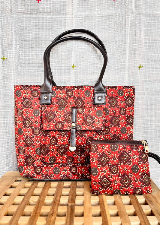 Karwaan🍂 Red mosaic motifs ~ Sanganeri Handblock Fabric Bag