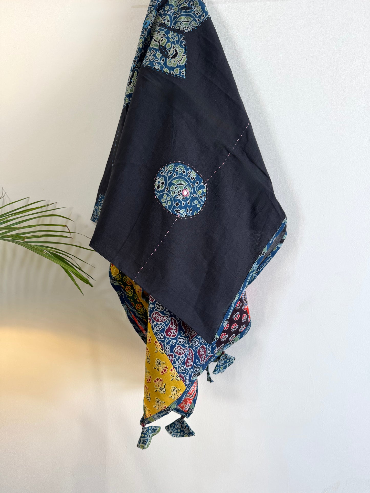 𓂃ོ⋆☀︎𓂃ᨒོ Ajrakh, Applique & Kantha Embroidered Dupatta ~ Black with Blue Crystals𑁍ࠬ