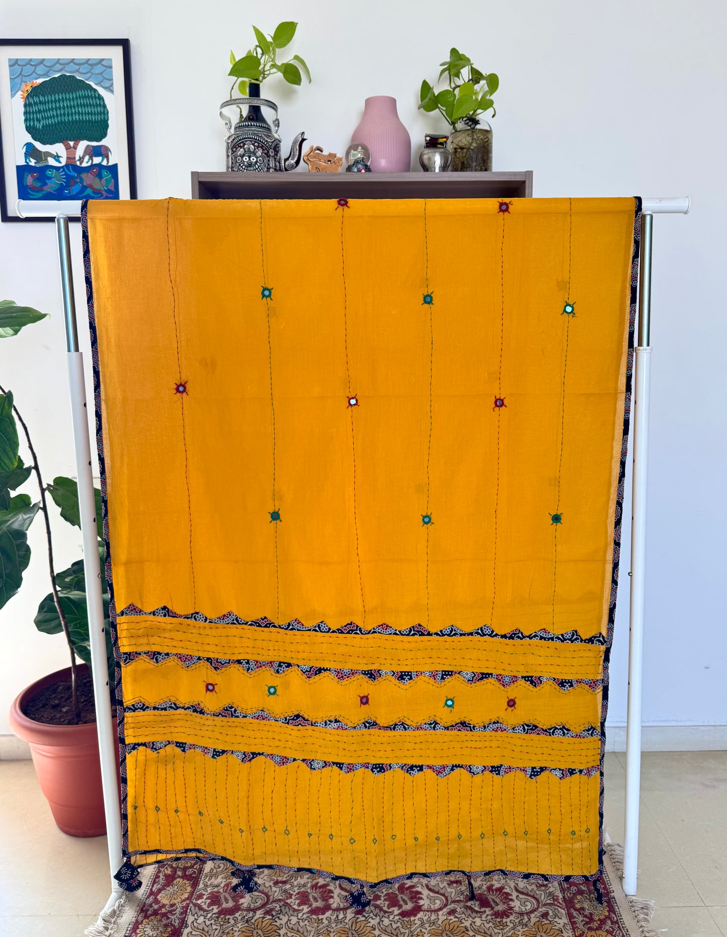 Ajrakh Applique & Kantha Embroidered Dupatta ~ Mustard Yellow with dotted lines