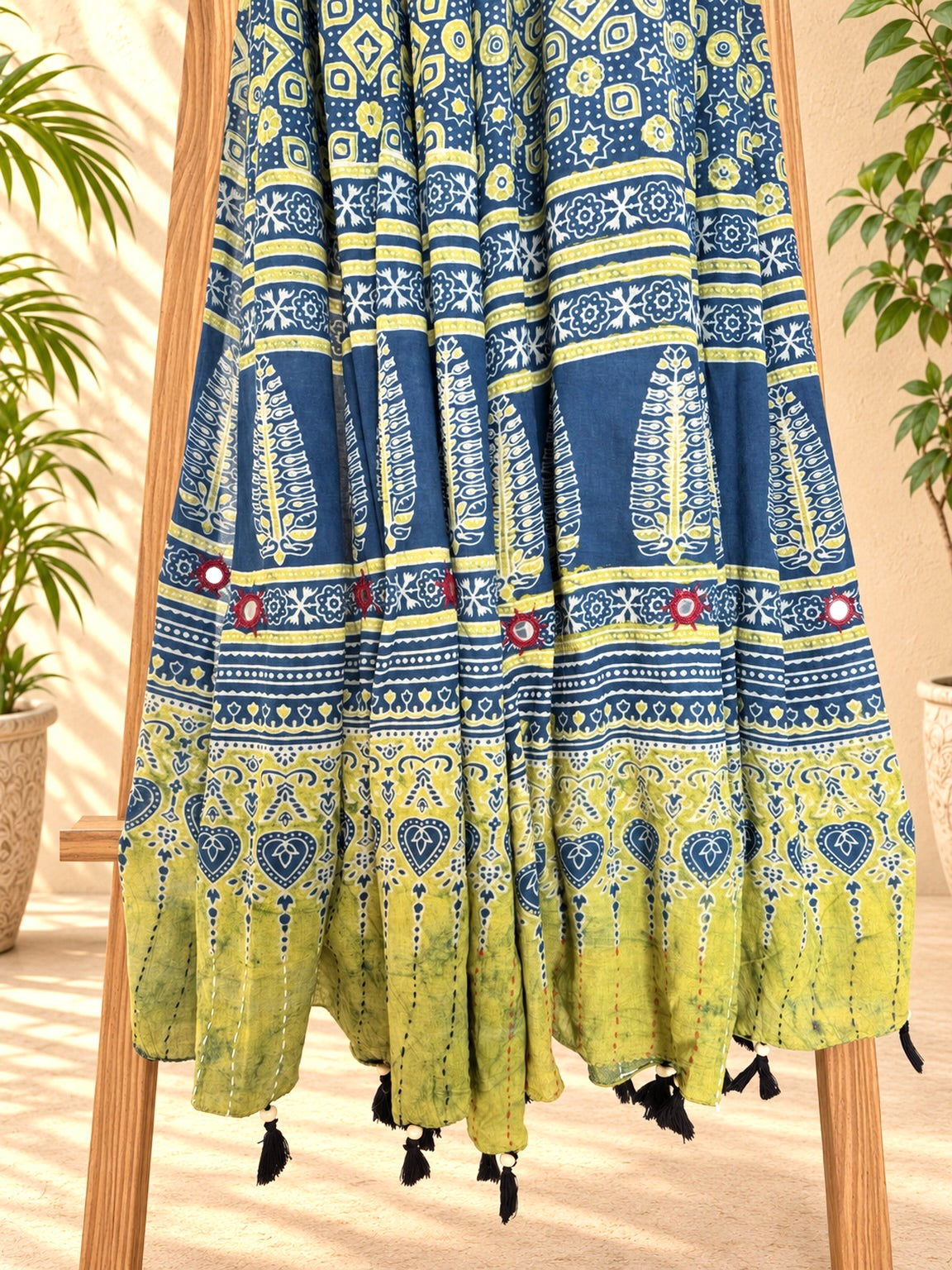 Rangrez🔅Ajrakh Mulmul Cotton Dupattas with Embroidery ~ Teal Blue w/ Grunge Texture