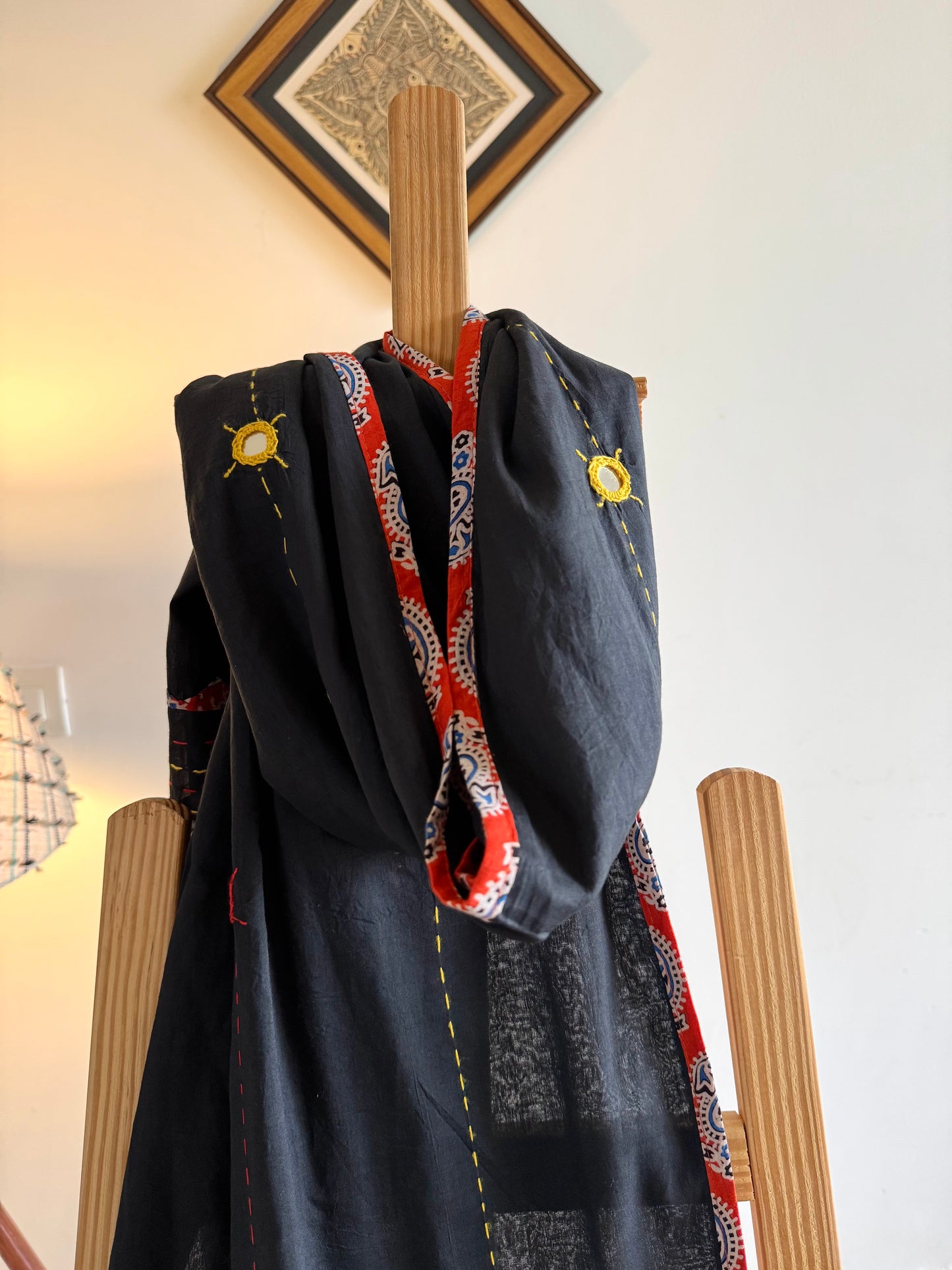 Ajrakh Applique & Kantha Embroidered Dupatta ~ Black with Orange Kantha Work