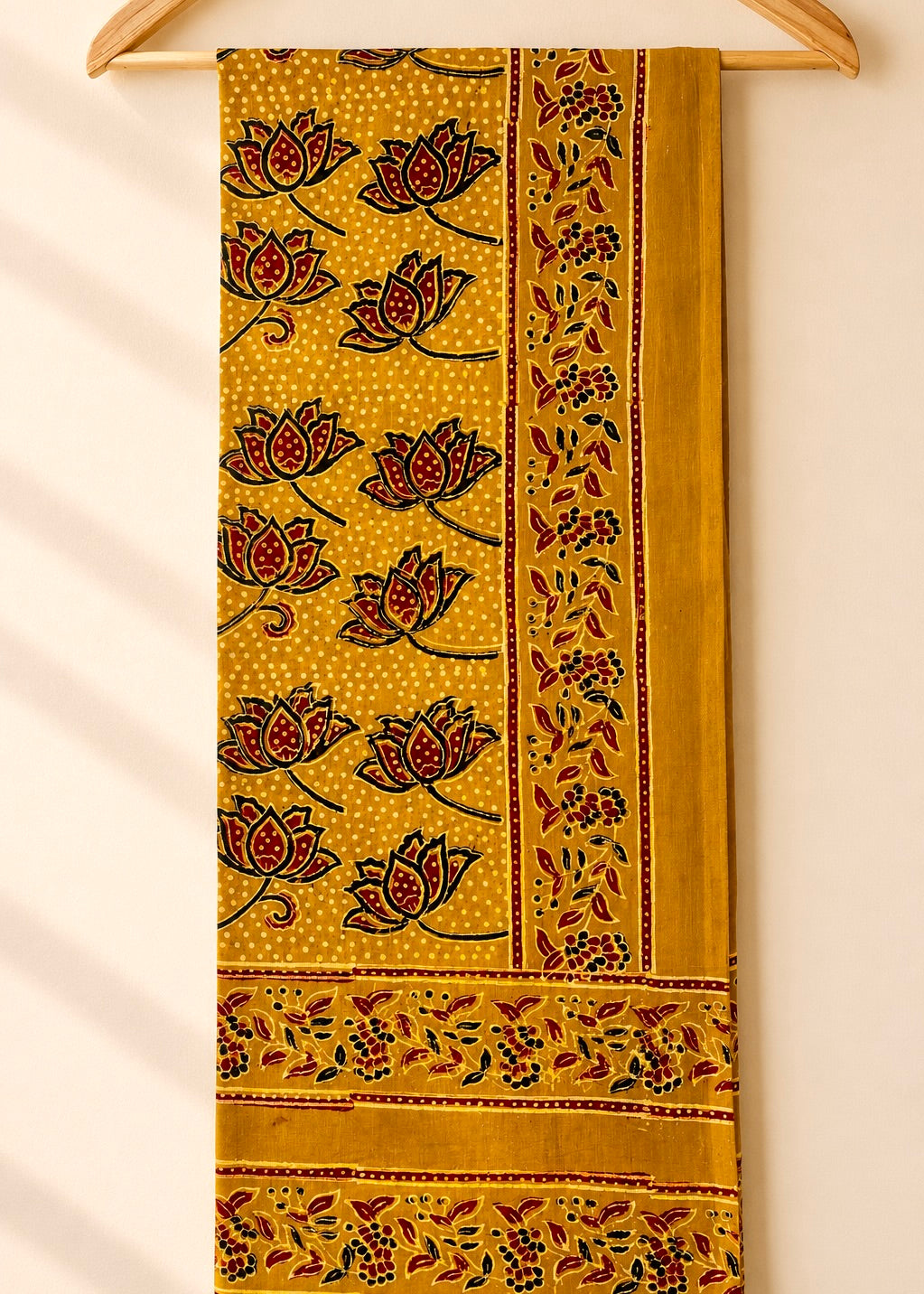 Raahi🌻Ajrakh Cotton Stoles ~ Mustard Yellow w/ Lotus Motif