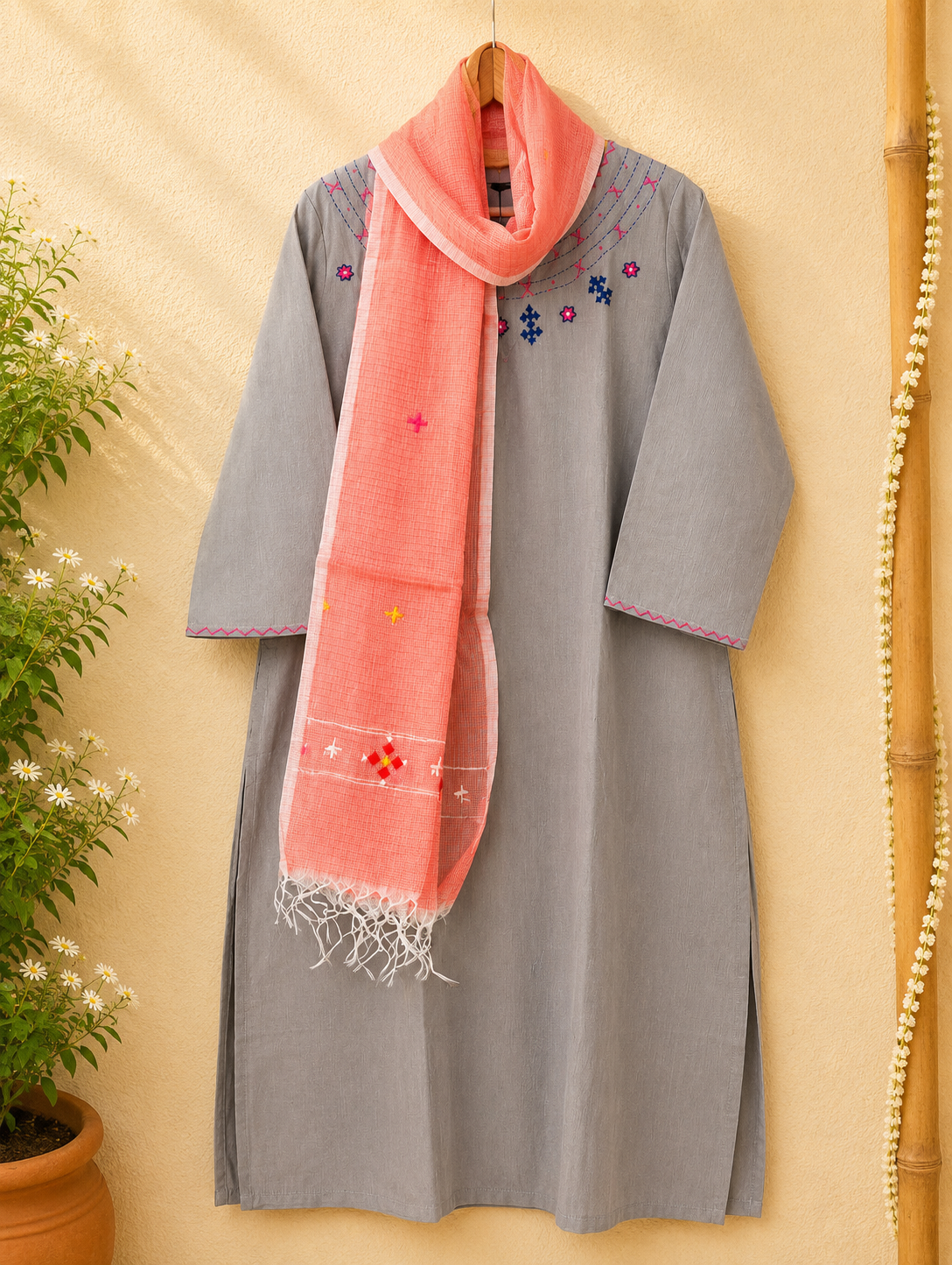 Masakali ~ Grey Embroidered Kurti & Kota Doriya Dupatta Set