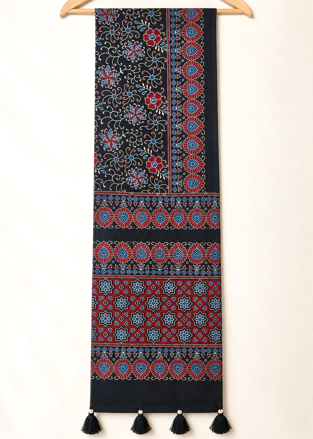 Raahi🌻Ajrakh Cotton Stoles ~ black and metallic blue w/ star motifs