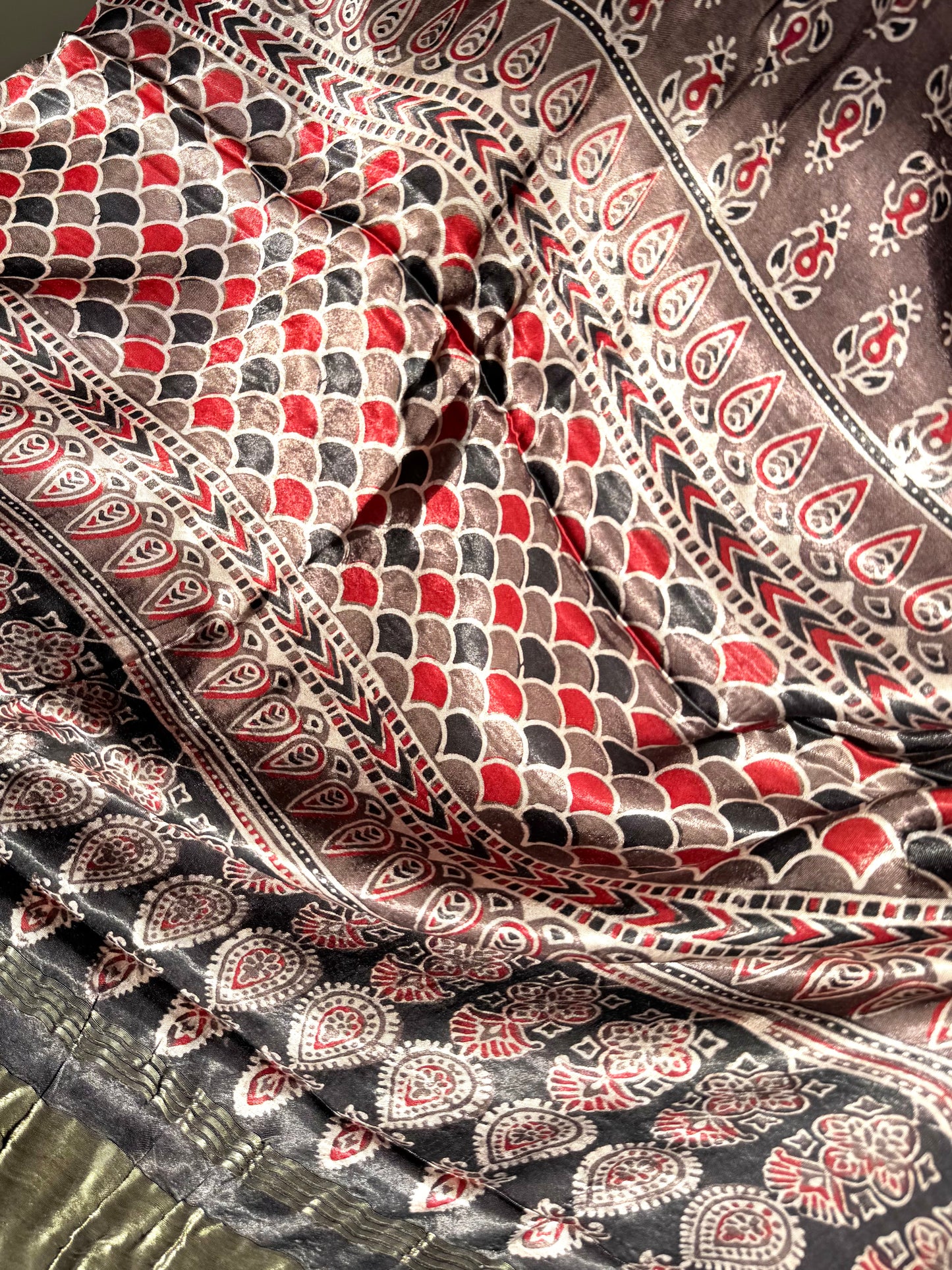 Modal Silk Ajrakh Dupatta ~ Metallic Grey Fish Scale motif w/ Zari