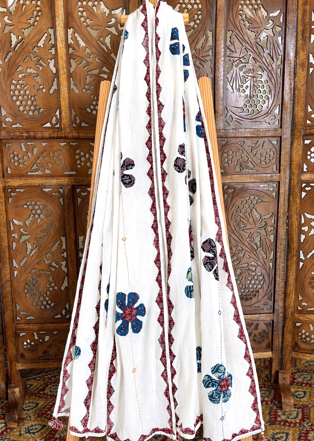 Ajrakh Applique & Kantha Embroidered ~ Red & Blue Phool Dupatta