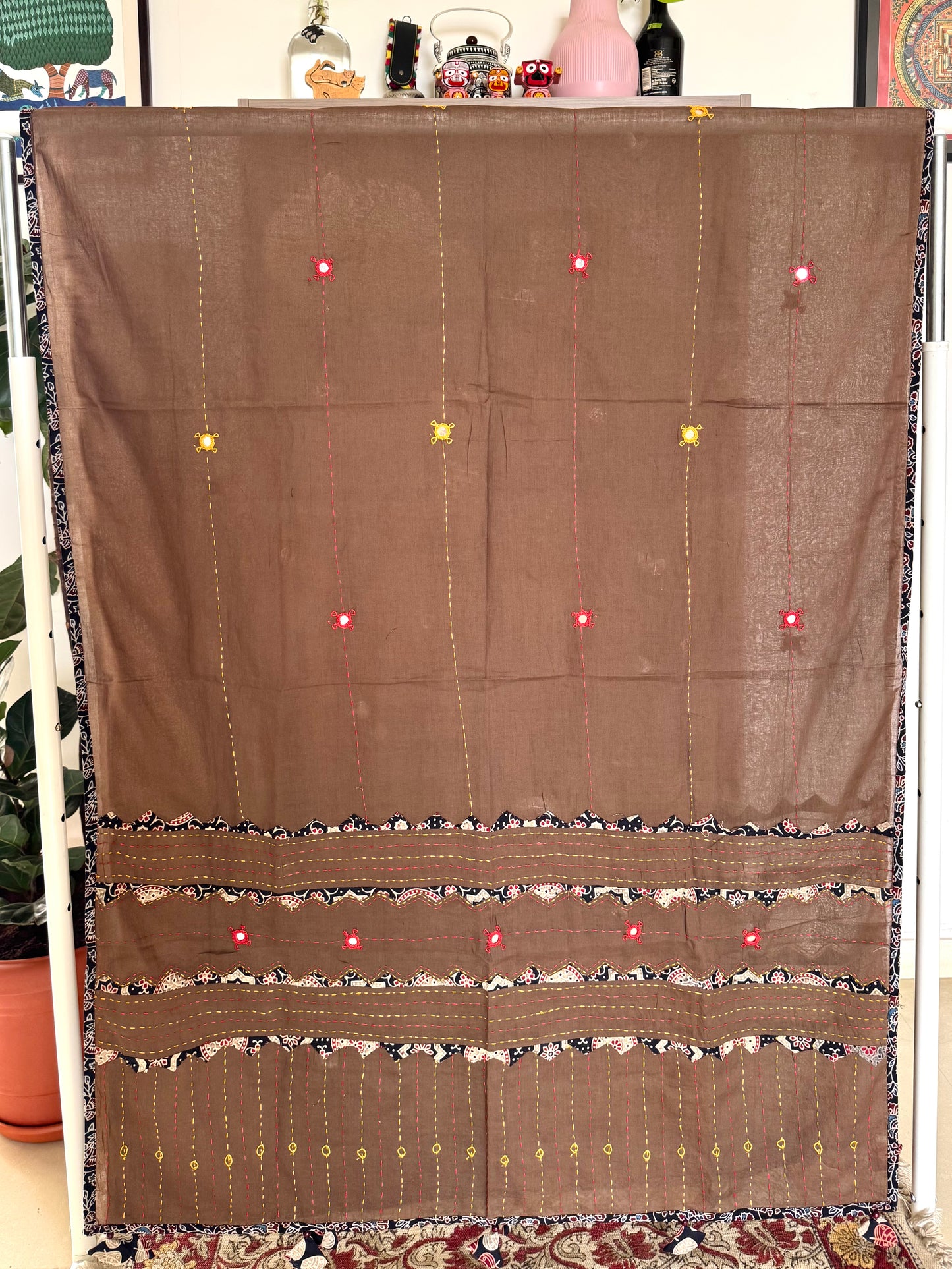 Ajrakh Applique & Kantha Embroidered Dupatta ~ Coffee Brown with Black Patchwork