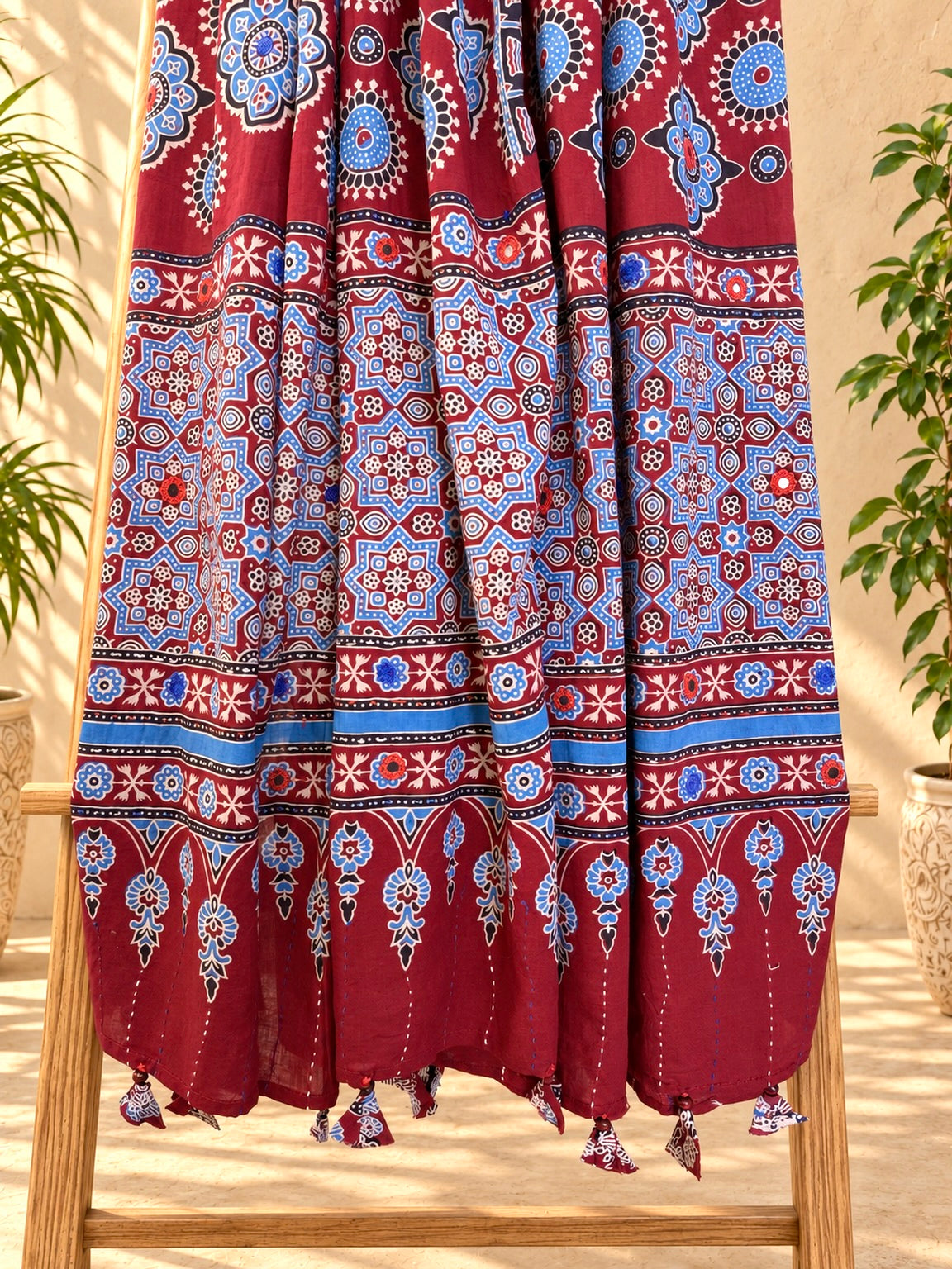 Rangrez🔅Ajrakh Mulmul Cotton Dupattas with Embroidery ~ Wine Red w/ metallic blue
