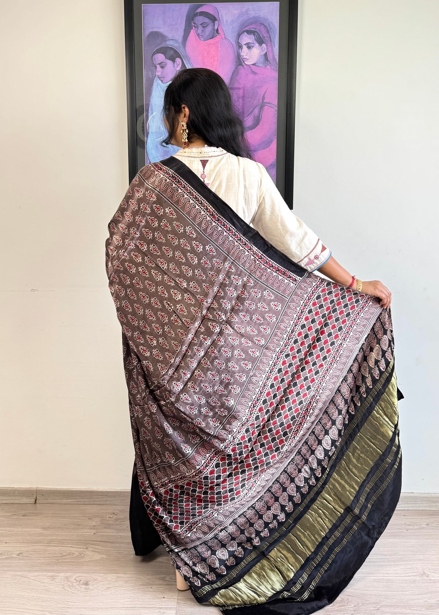 Modal Silk Ajrakh Dupatta ~ Metallic Grey Fish Scale motif w/ Zari