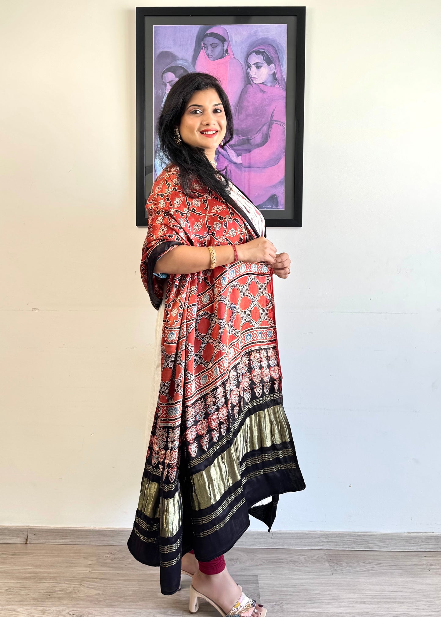 Modal Silk Ajrakh Dupatta ~ Brick Red Vine Motif w/ Zari
