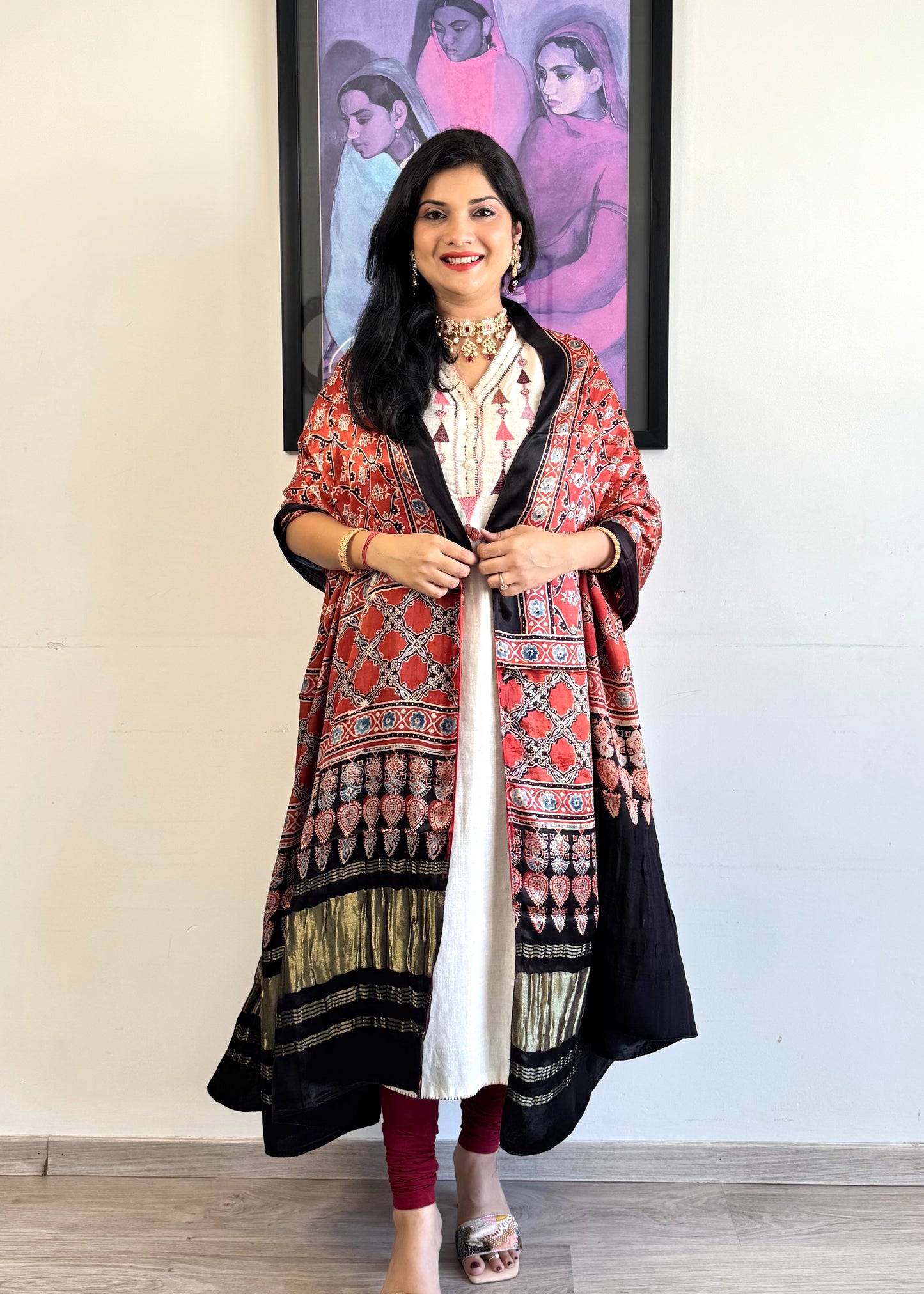 Modal Silk Ajrakh Dupatta ~ Brick Red Vine Motif w/ Zari