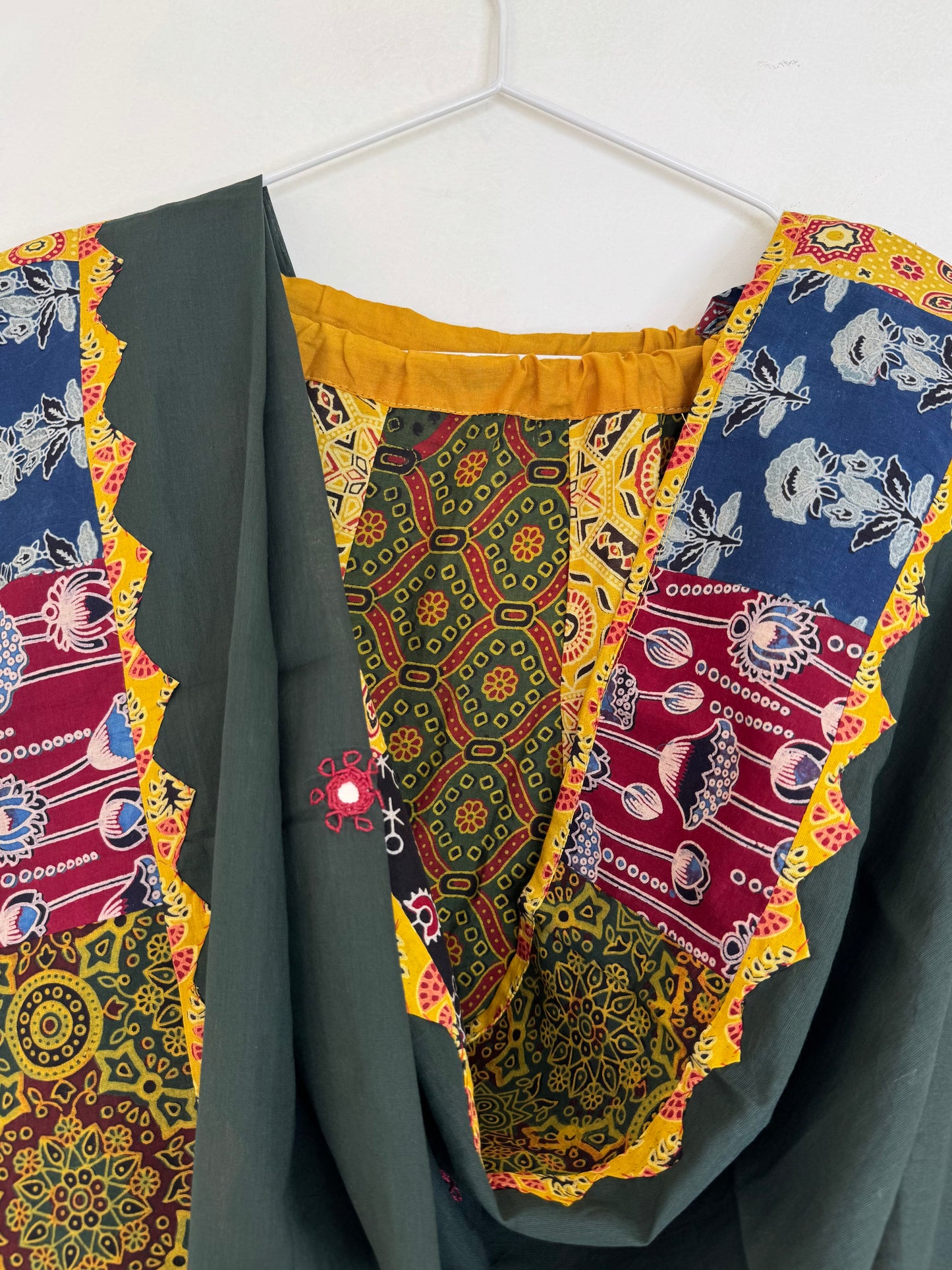 ✨Garba nu Ghoomie ~ Ajrakh Lehenga and Dupatta Set ~ Yellow Strips w/ Olive Green Dupatta