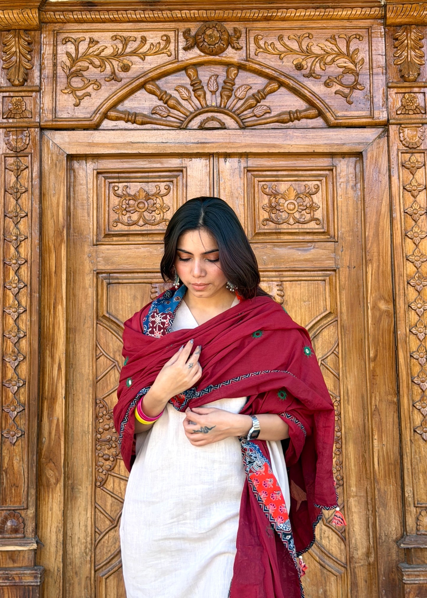 Ajrakh Applique & Kantha Embroidered Dupatta ~ Deep Red