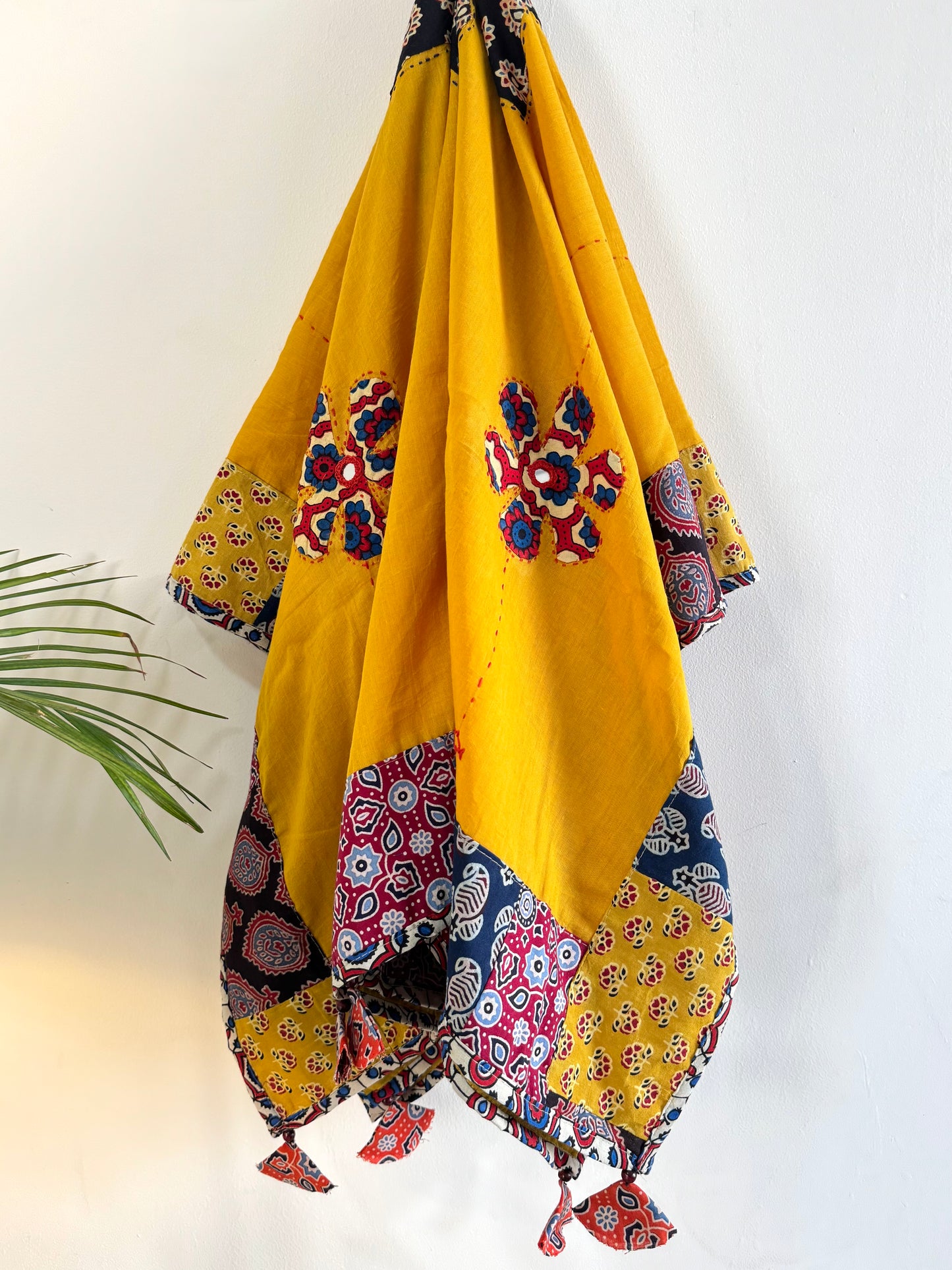 𓂃ོ⋆☀︎𓂃ᨒོ Ajrakh, Applique & Kantha Embroidered Dupatta ~ Amber Yellow 𑁍ࠬ