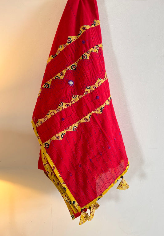 Ajrakh Applique & Kantha Embroidered Dupatta ~ Cherry Red w/ Yellow Work