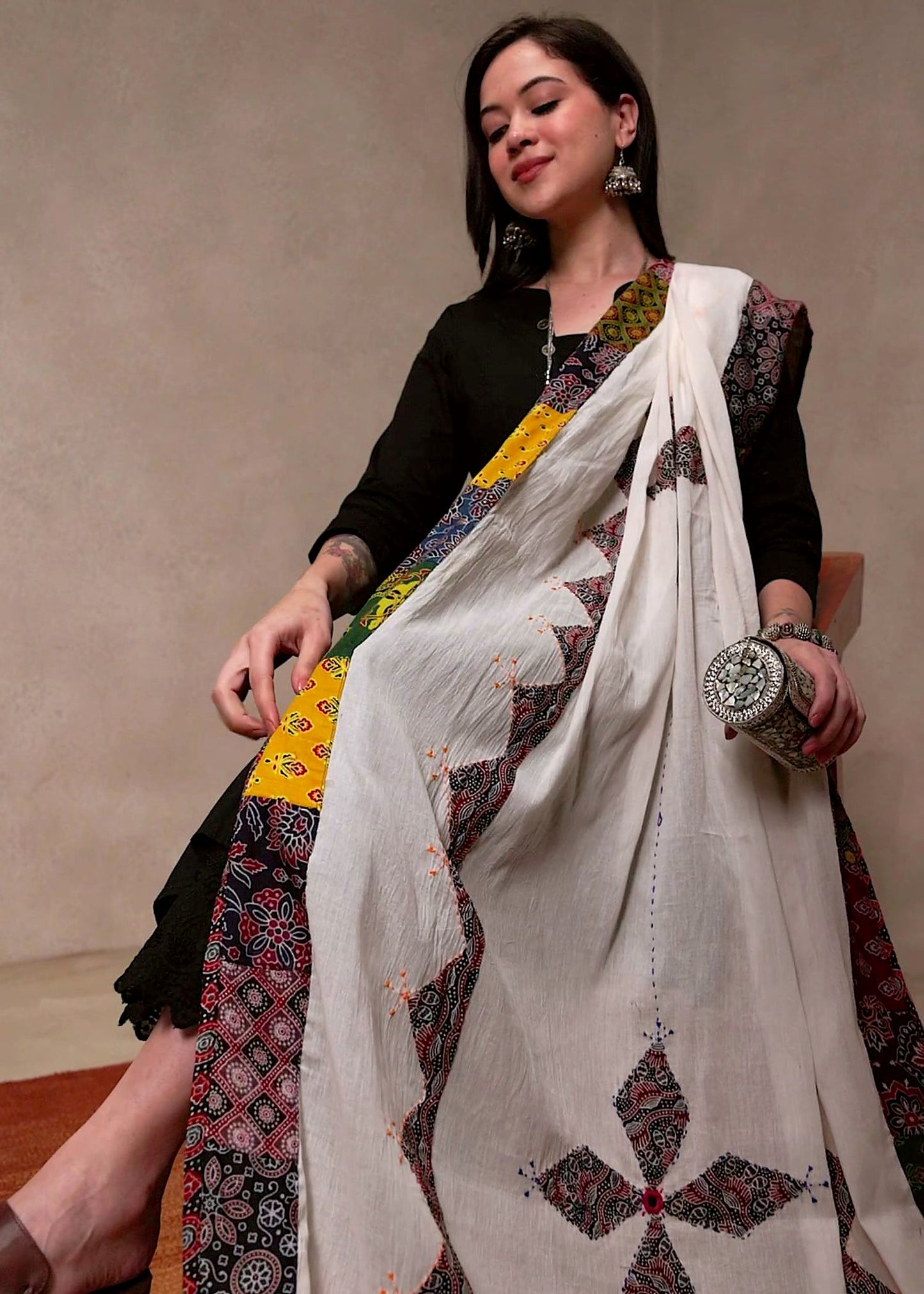 Ajrakh Applique & Kantha Embroidered Cotton Dupatta ~ White