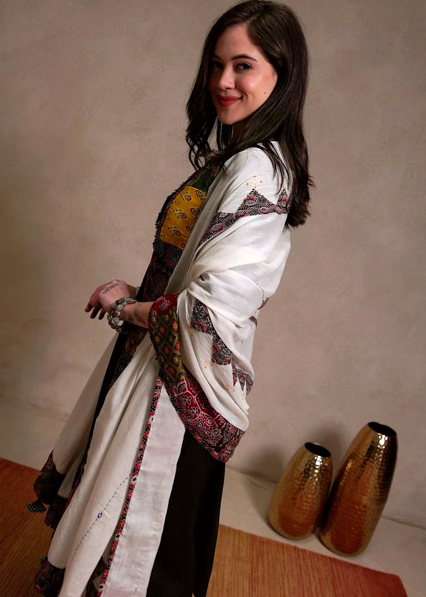 Ajrakh Applique & Kantha Embroidered Cotton Dupatta ~ White