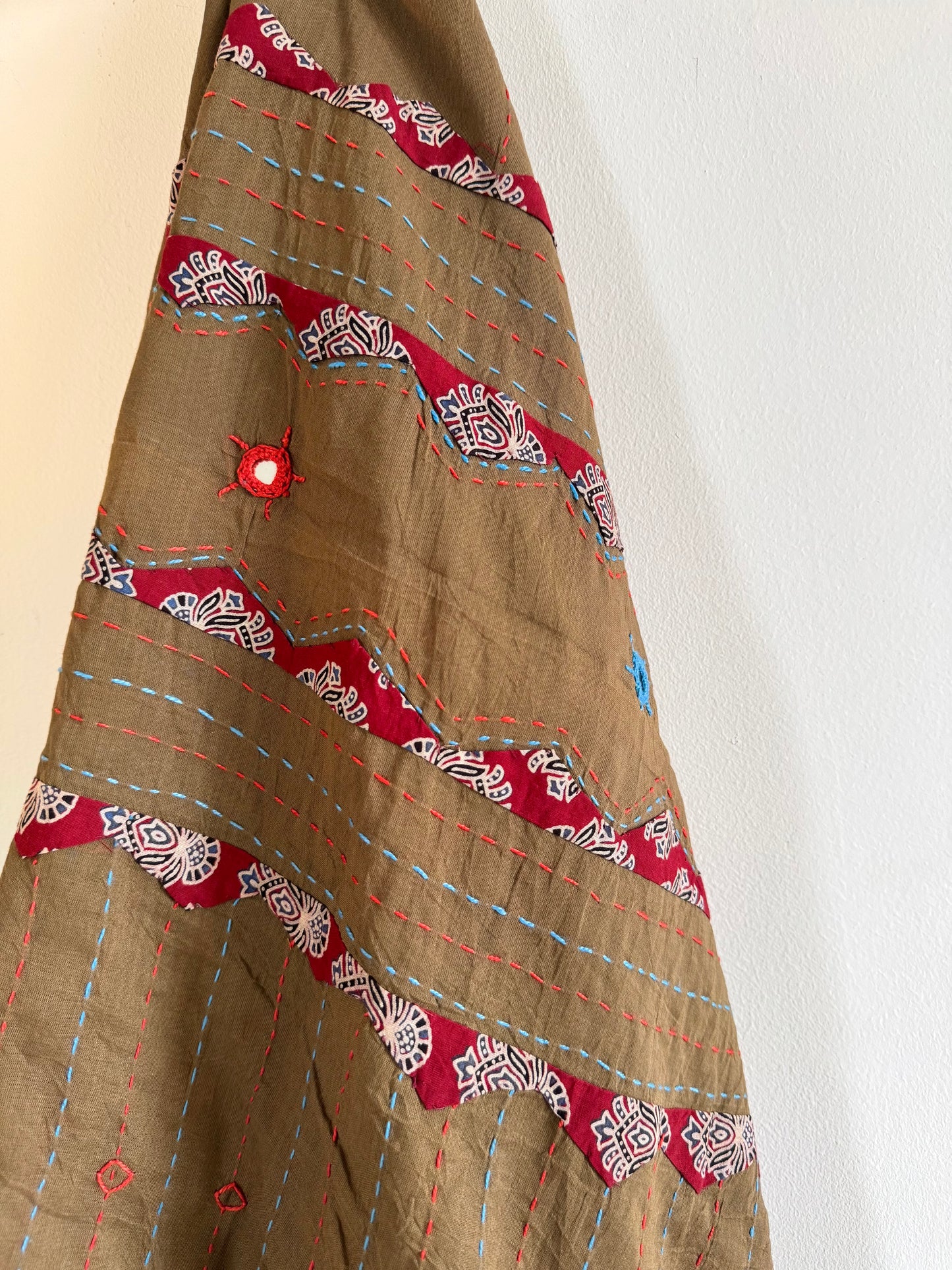 Ajrakh Applique & Kantha Embroidered Dupatta ~ Coco with Red Patchwork