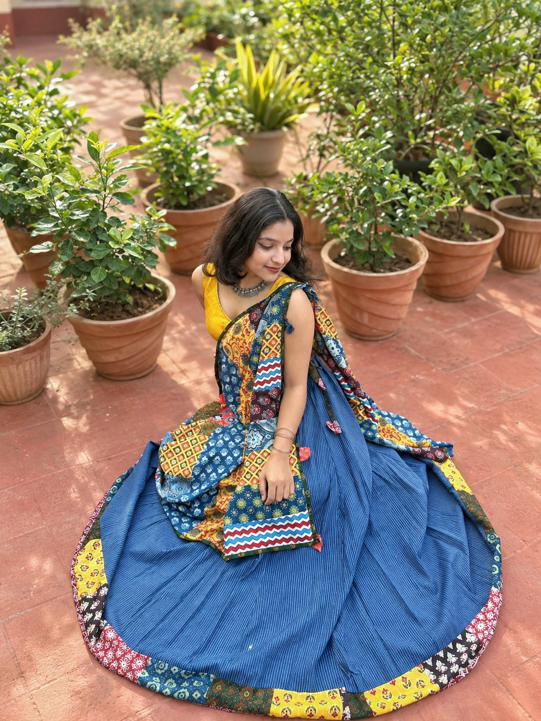 ✨Navrang ~ Ajrakh Long Skirt & Dupatta Set ~ Navy Blue w/ Multicolored Dupatta